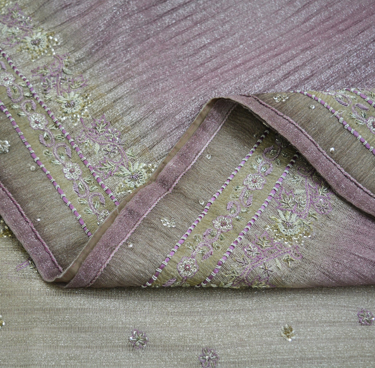 Indian Vintage Silver & Purple Saree Net/Mesh Hand Embroidered Indian Sari Fabric 5Yd Sewing Soft Zardozi/Dabka Zari Sequins
