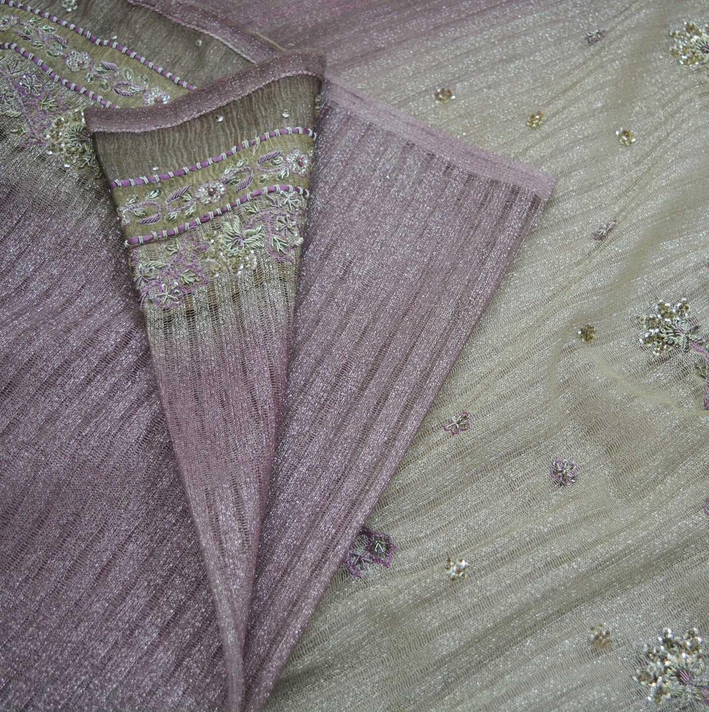 Indian Vintage Silver & Purple Saree Net/Mesh Hand Embroidered Indian Sari Fabric 5Yd Sewing Soft Zardozi/Dabka Zari Sequins