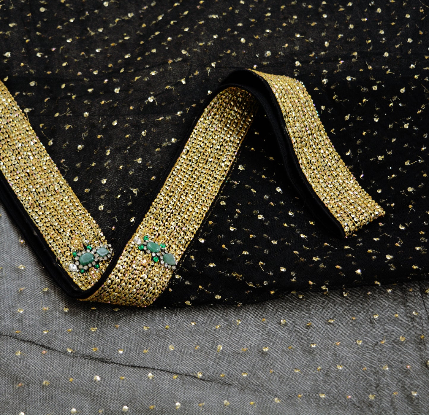 Indian Vintage Black Saree Net/Mesh Hand Embroidered Indian Sari Fabric 5Yd Sewing Soft Sequins