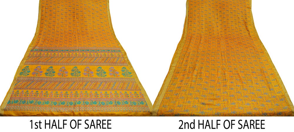 Indian Vintage Sari Saffron 100% Pure Silk Printed Saree Fabric 5yd Sewing Craft DressMaking Soft Floral