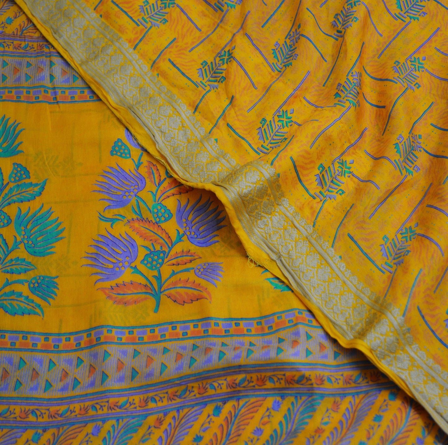 Indian Vintage Sari Saffron 100% Pure Silk Printed Saree Fabric 5yd Sewing Craft DressMaking Soft Floral