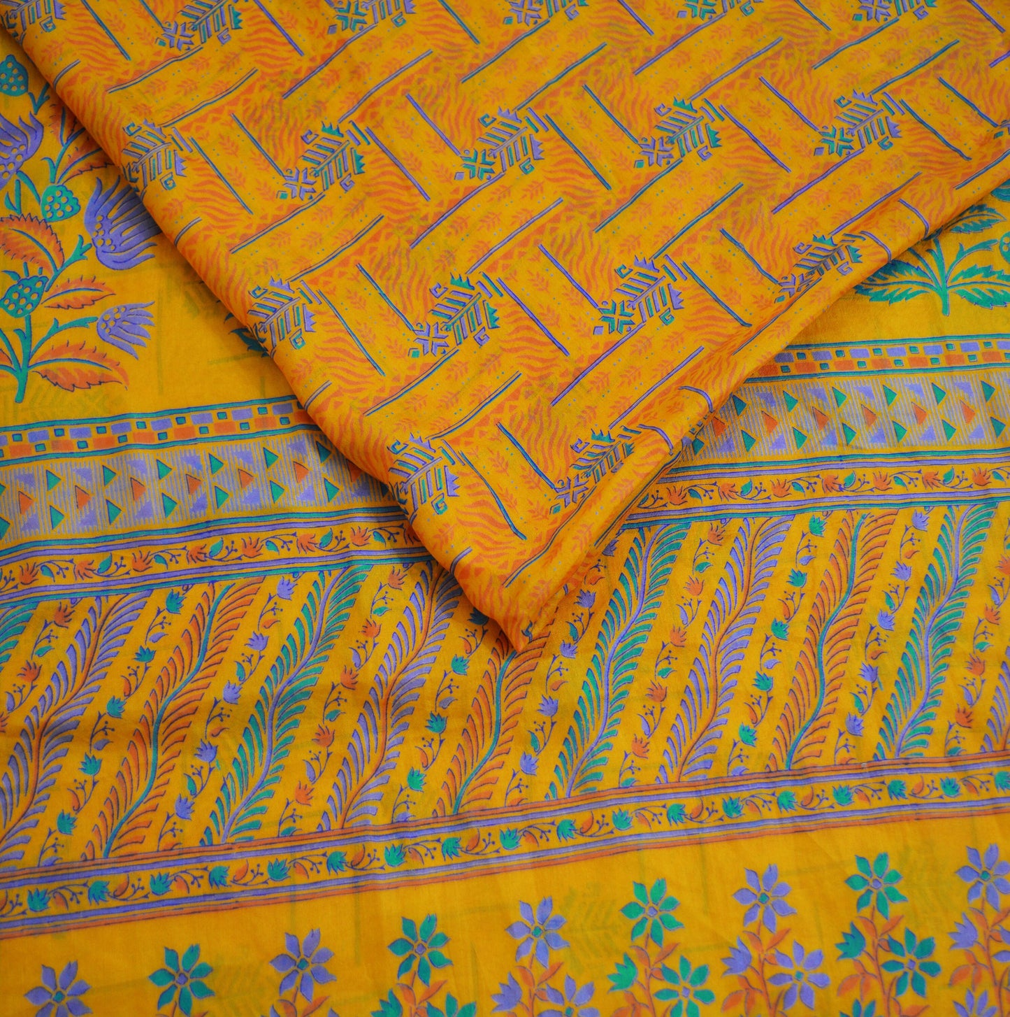 Indian Vintage Sari Saffron 100% Pure Silk Printed Saree Fabric 5yd Sewing Craft DressMaking Soft Floral