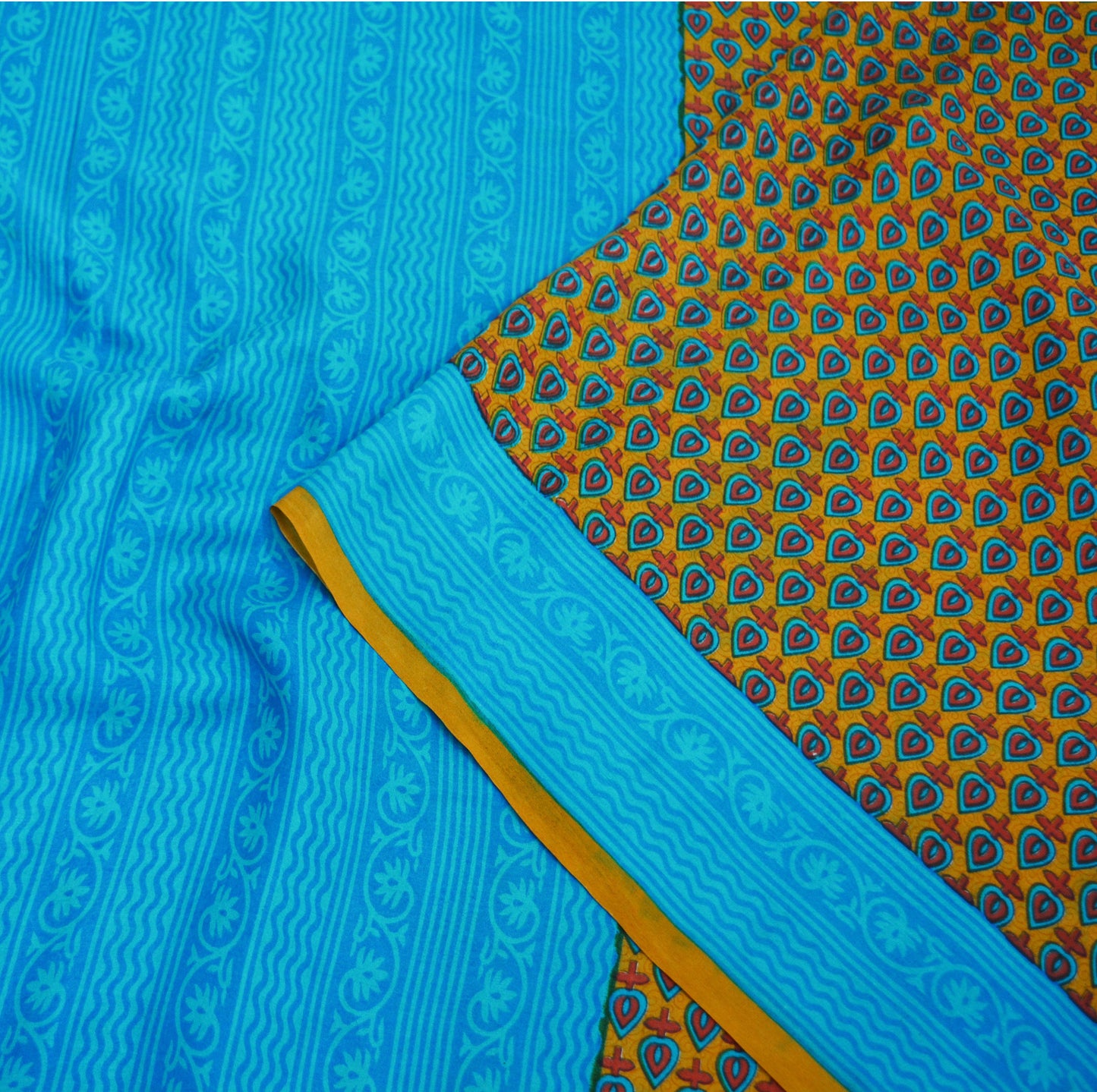 Indian Vintage Sari Saffron & Blue 100% Pure Silk Printed Saree Fabric 5yd Sewing Craft Fabric DressMaking Floral