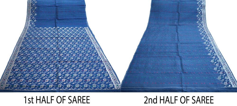 Indian Vintage Blue Sarees Pure Organza Silk Woven Indian Sari Fabric 5Yard Sewing Ethnic Golden Zari Floral