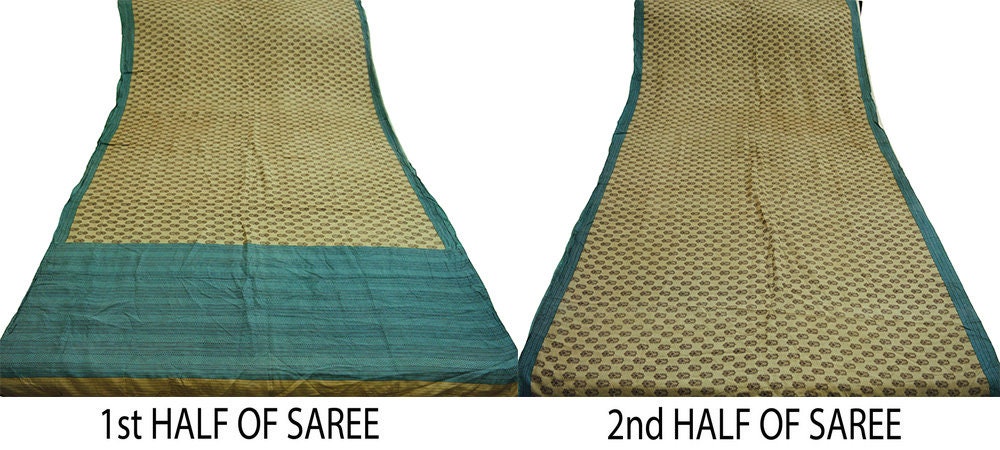 Indian Vintage Sari Beige & Green Pure Silk Printed Saree Craft Fabric 5yd Sewing DressMaking Soft