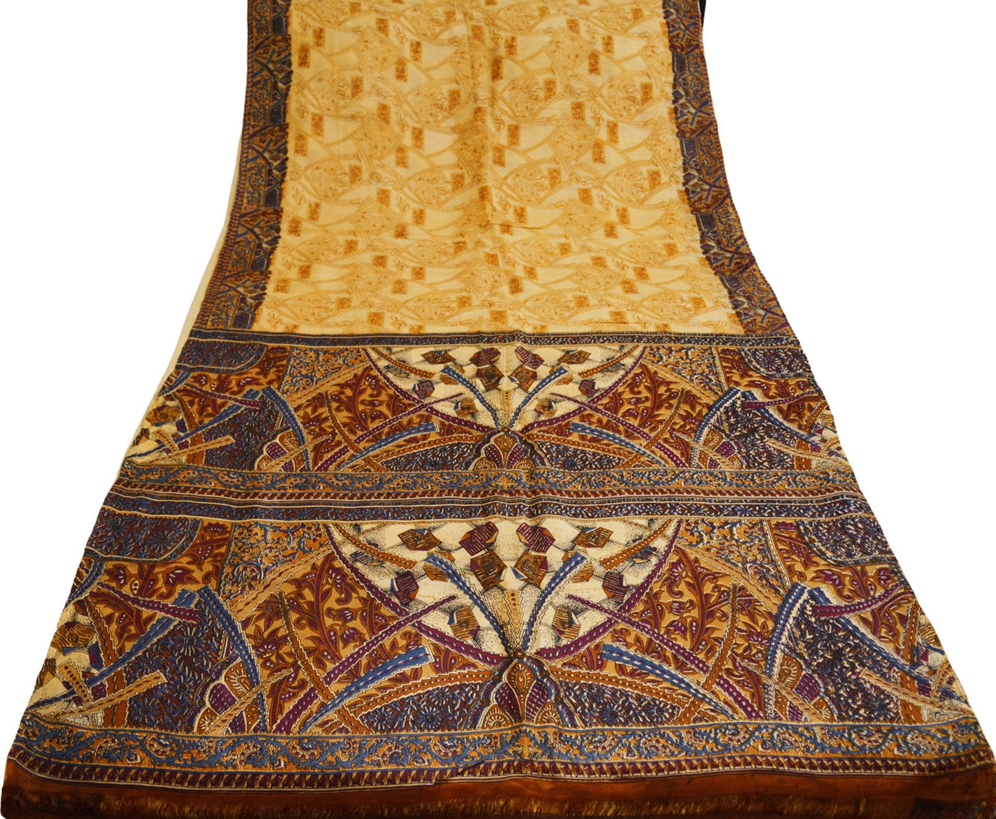 Indian Vintage Sari Brown & Beige Pure Silk Printed Saree Fabric 5yard Sewing Craft DressMaking Soft Abstract