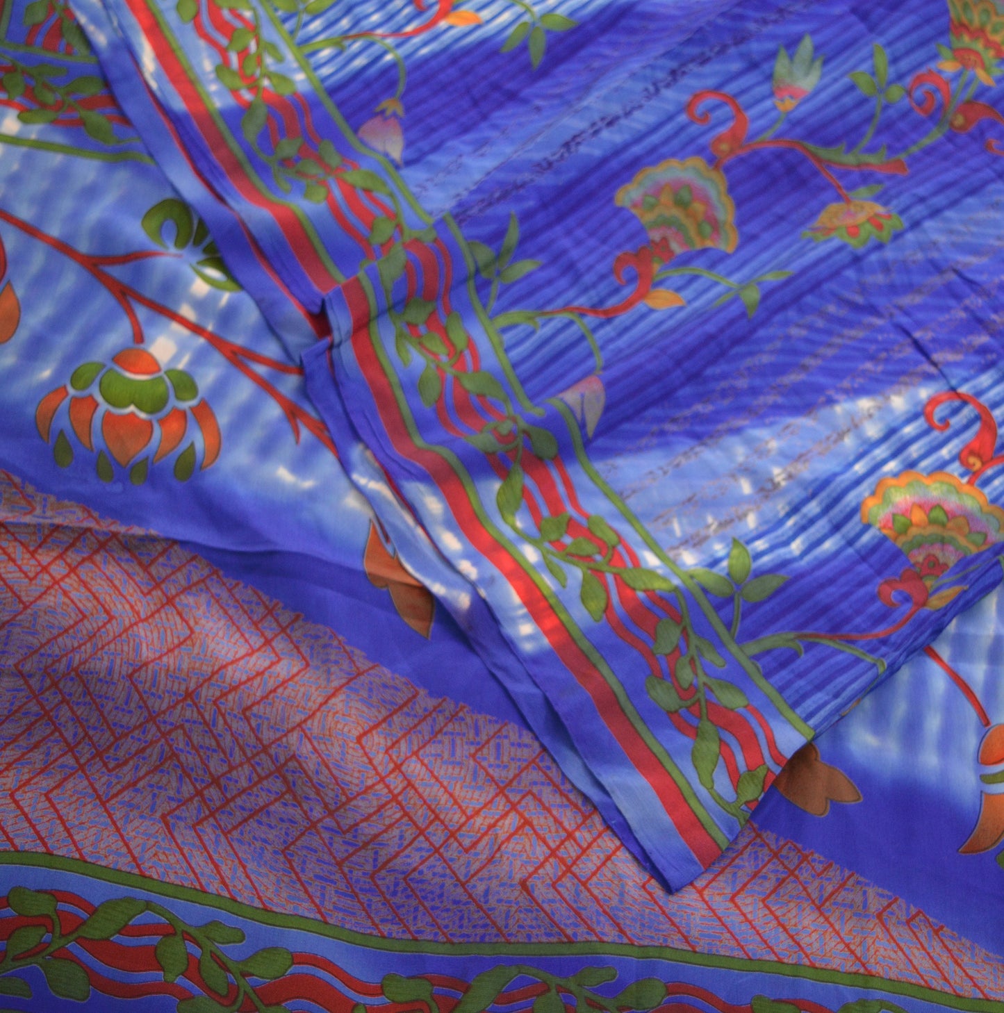 Indian Vintage Sari Blue Pure Crepe Silk Printed Saree 5yard Sewing Floral Soft Craft Fabric Wrap