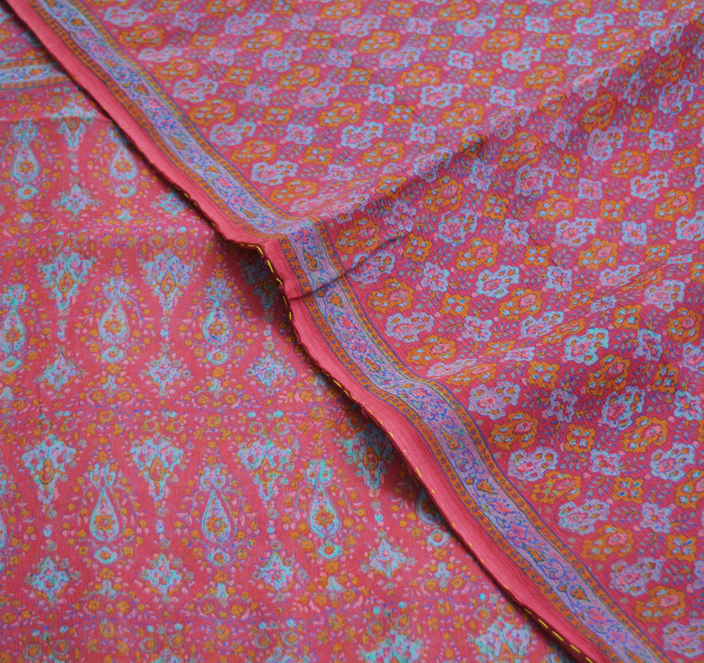 Women Vintage Sari Pink Pure Chiffon Silk Block Printed Saree Craft Fabric Sewing 5Yard Soft Light Sari Dress Making Floral