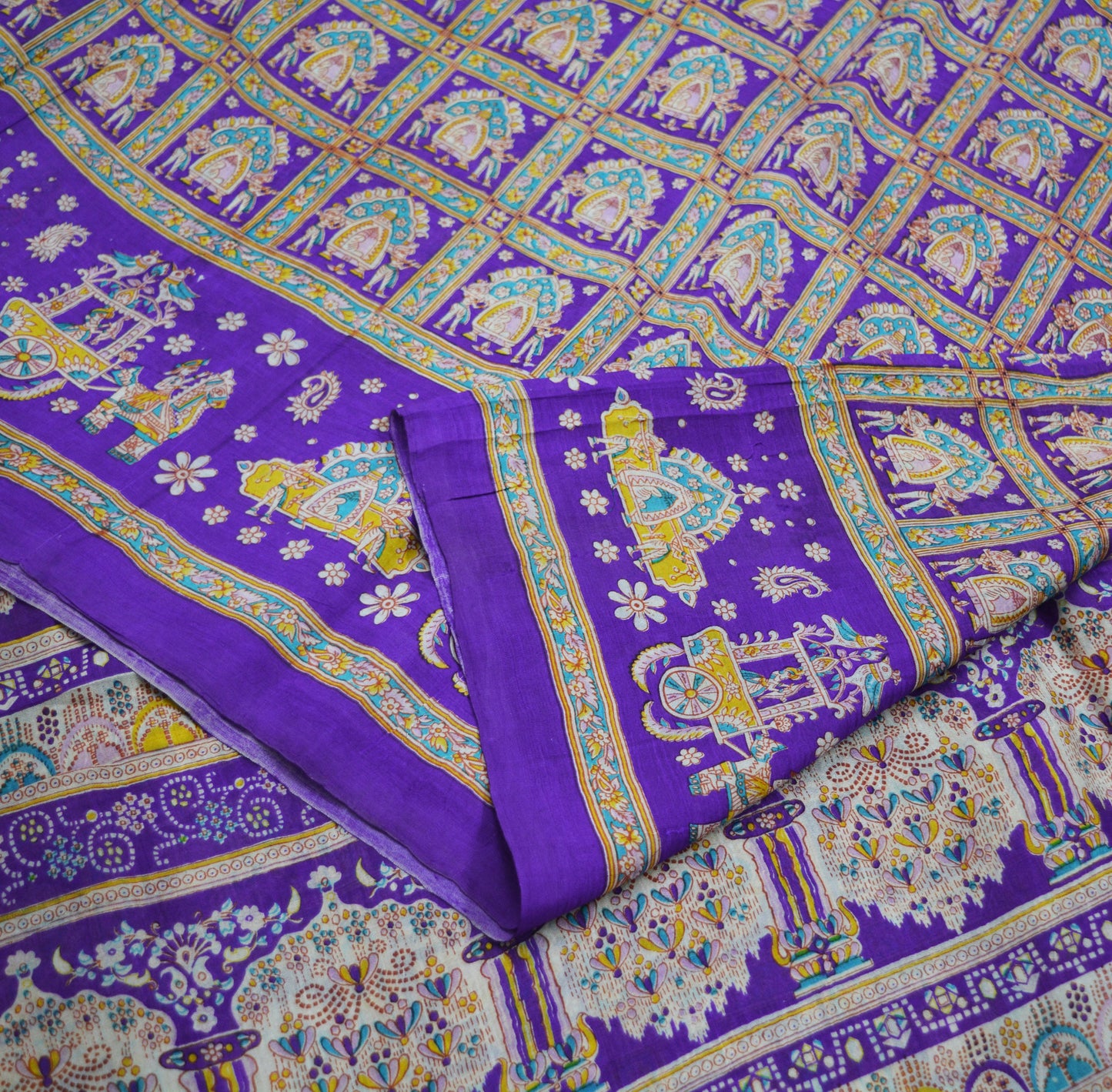 Indian Vintage Sari Purple Pure Silk Printed Saree Fabric 5yard Sewing Craft DressMaking Humans Floral