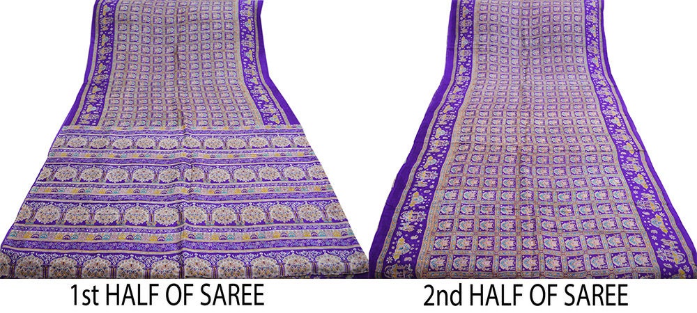 Indian Vintage Sari Purple Pure Silk Printed Saree Fabric 5yard Sewing Craft DressMaking Humans Floral