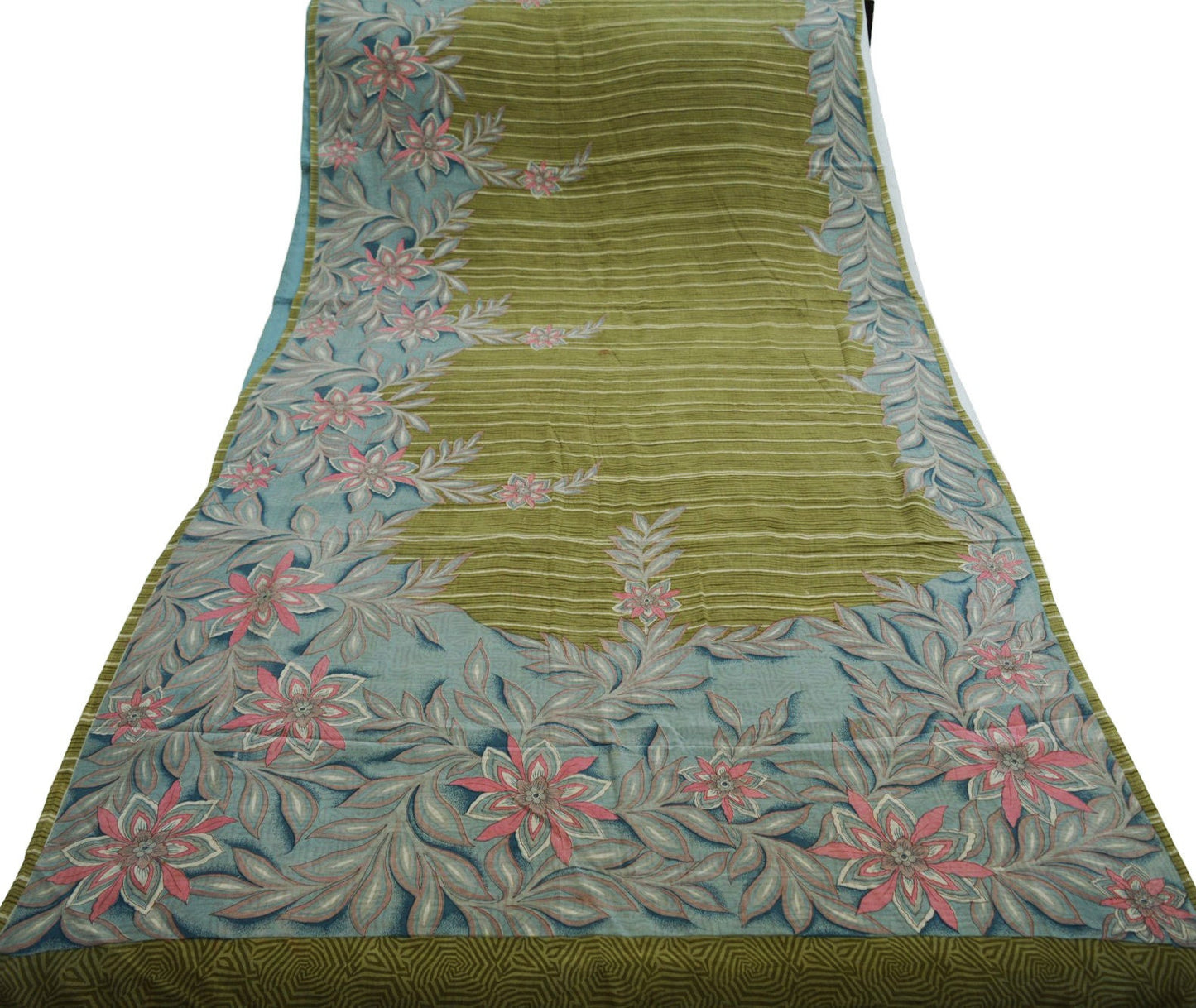 Indian Vintage Sari Green Pure Crepe Silk Printed Saree 5yard Sewing Floral Soft Craft Fabric Ethnic Wrap