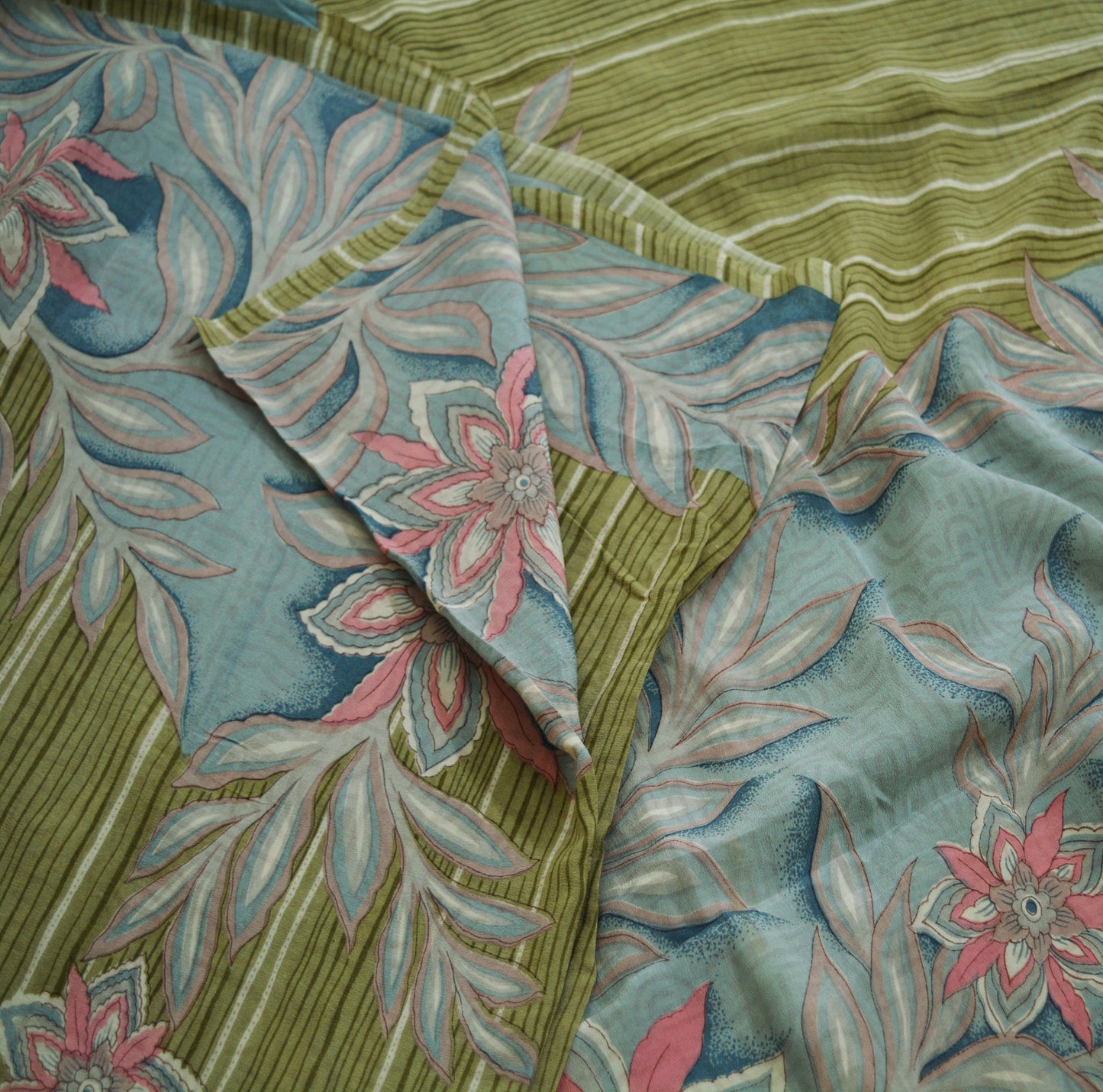Indian Vintage Sari Green Pure Crepe Silk Printed Saree 5yard Sewing Floral Soft Craft Fabric Ethnic Wrap