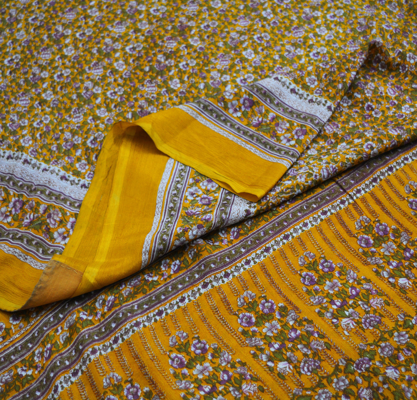 Indian Vintage Sari Saffron 100% Pure Silk Printed Saree 6yd Sewing Craft Fabric DressMaking Soft Wrap Floral Abstract