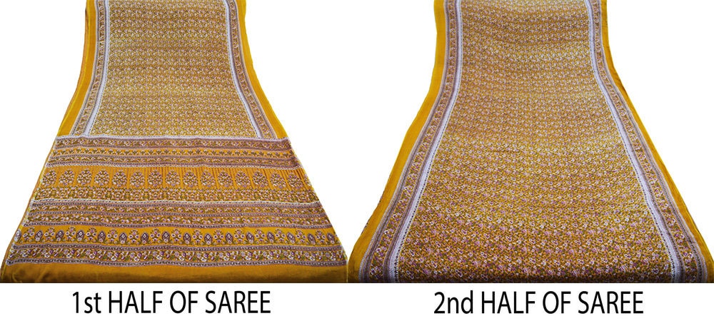 Indian Vintage Sari Saffron 100% Pure Silk Printed Saree 6yd Sewing Craft Fabric DressMaking Soft Wrap Floral Abstract