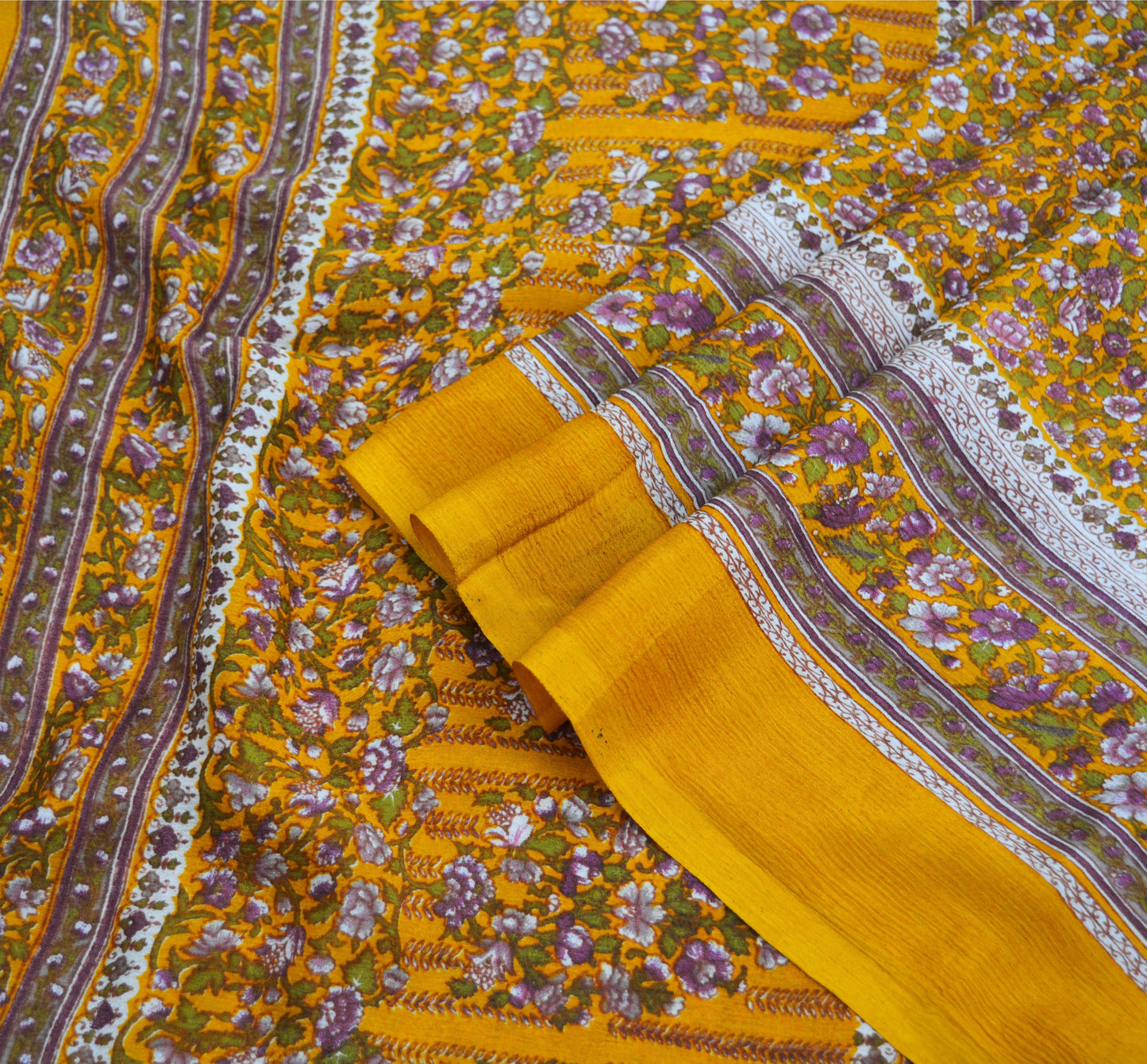Indian Vintage Sari Saffron 100% Pure Silk Printed Saree 6yd Sewing Craft Fabric DressMaking Soft Wrap Floral Abstract