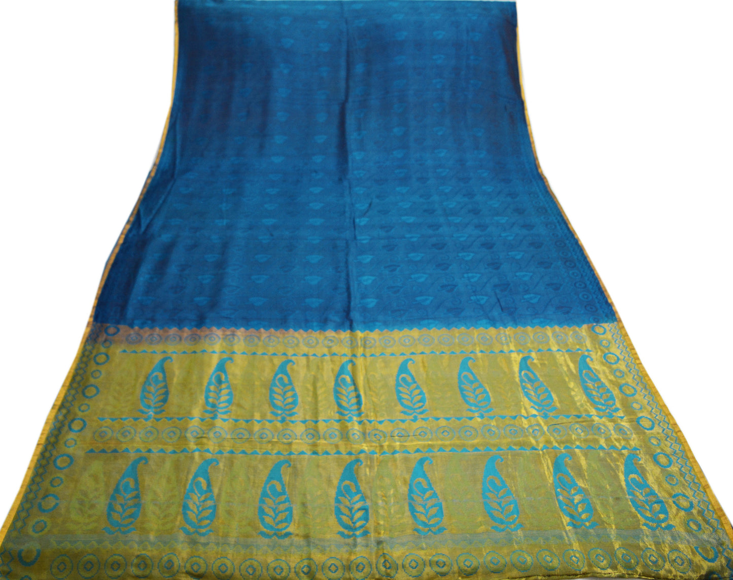 Vintage Blue Hand Woven Saree 100% Pure Silk Indian Sari Metallic Golden Zari 5Yard Floral Design
