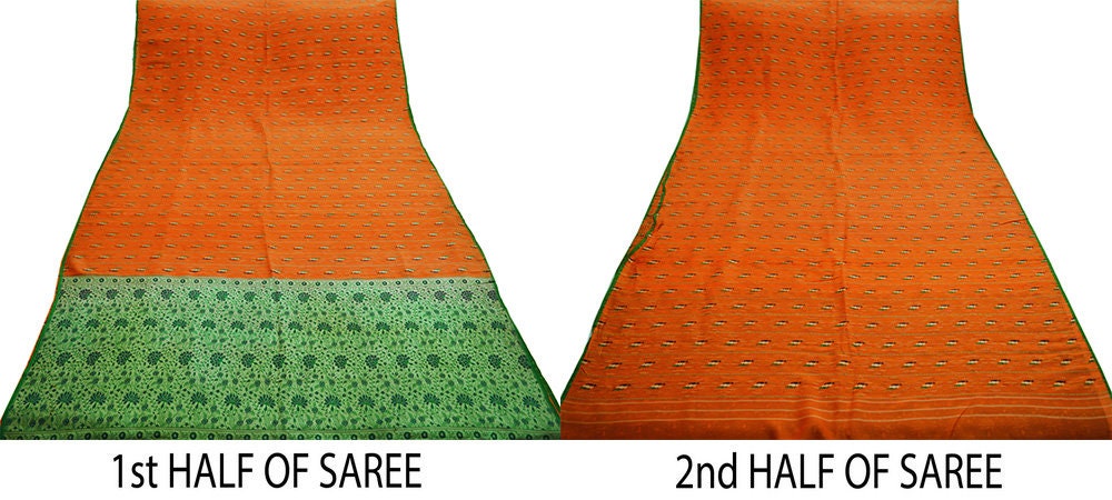 Indian Vintage Sari Green & Orange Hand Woven 100% Pure Silk Saree Fabric 5Yard Silk Sari Ethnic Floral