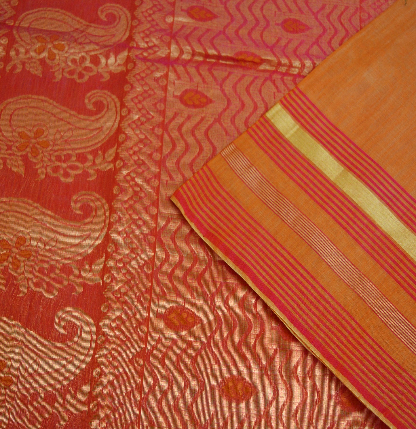 Vintage Sari Red & Saffron Hand Woven Pure Silk Saree Golden Zari 5Yard Soft Floral Ethnic