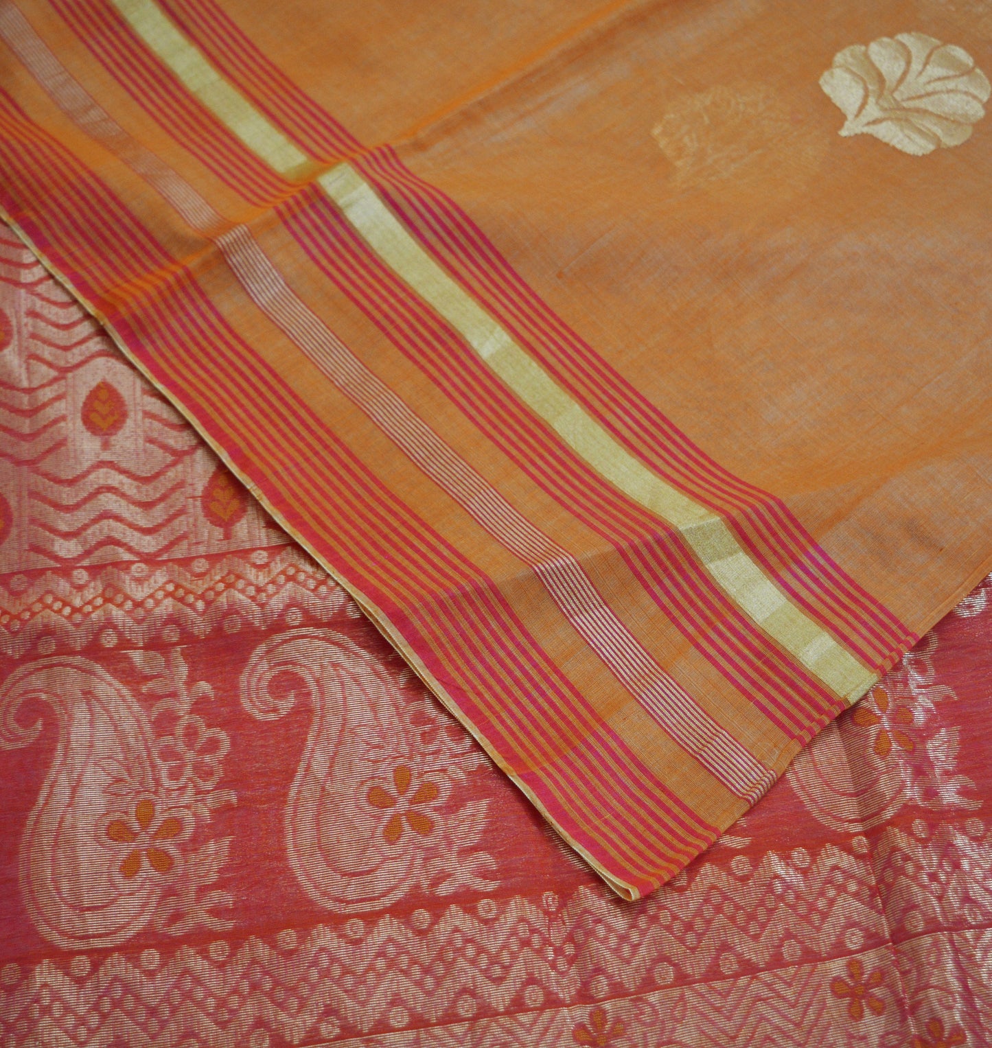 Vintage Sari Red & Saffron Hand Woven Pure Silk Saree Golden Zari 5Yard Soft Floral Ethnic