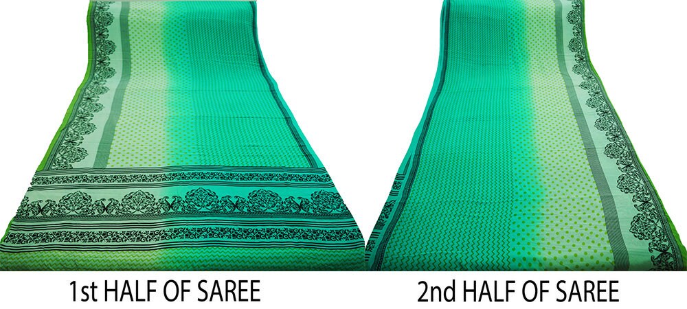 Indian Vintage Sari Green Pure Crepe Silk Printed Saree 5yard Sewing Floral Soft Craft Fabric Ethnic Wrap