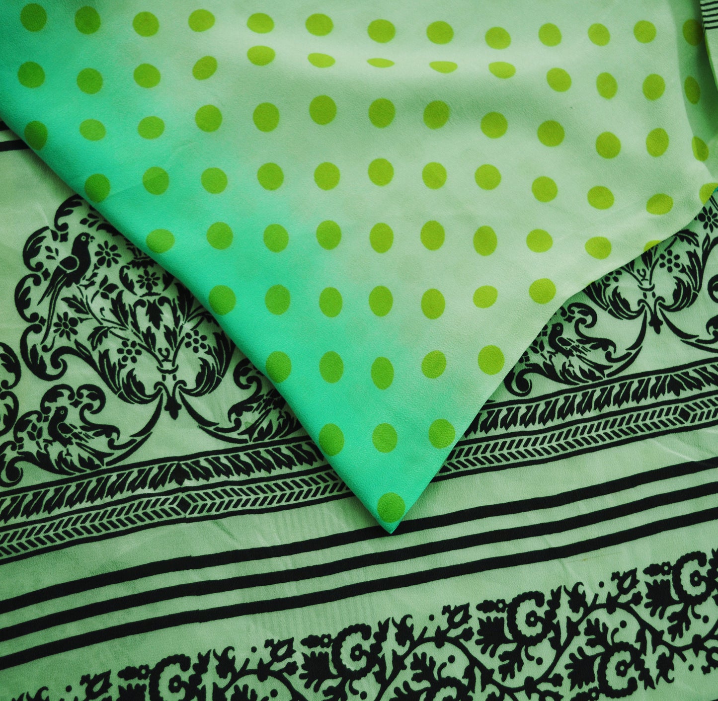 Indian Vintage Sari Green Pure Crepe Silk Printed Saree 5yard Sewing Floral Soft Craft Fabric Ethnic Wrap