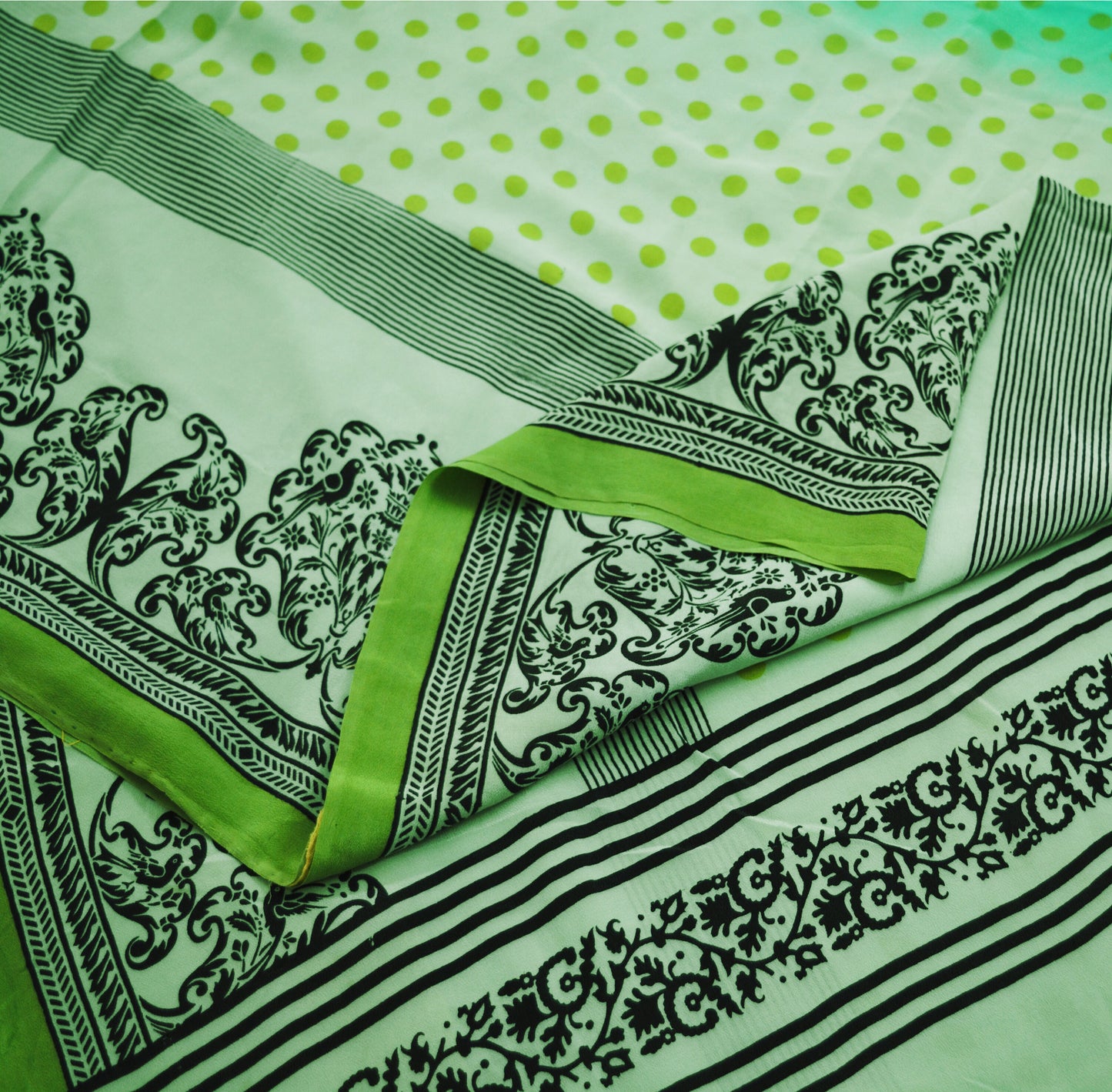 Indian Vintage Sari Green Pure Crepe Silk Printed Saree 5yard Sewing Floral Soft Craft Fabric Ethnic Wrap