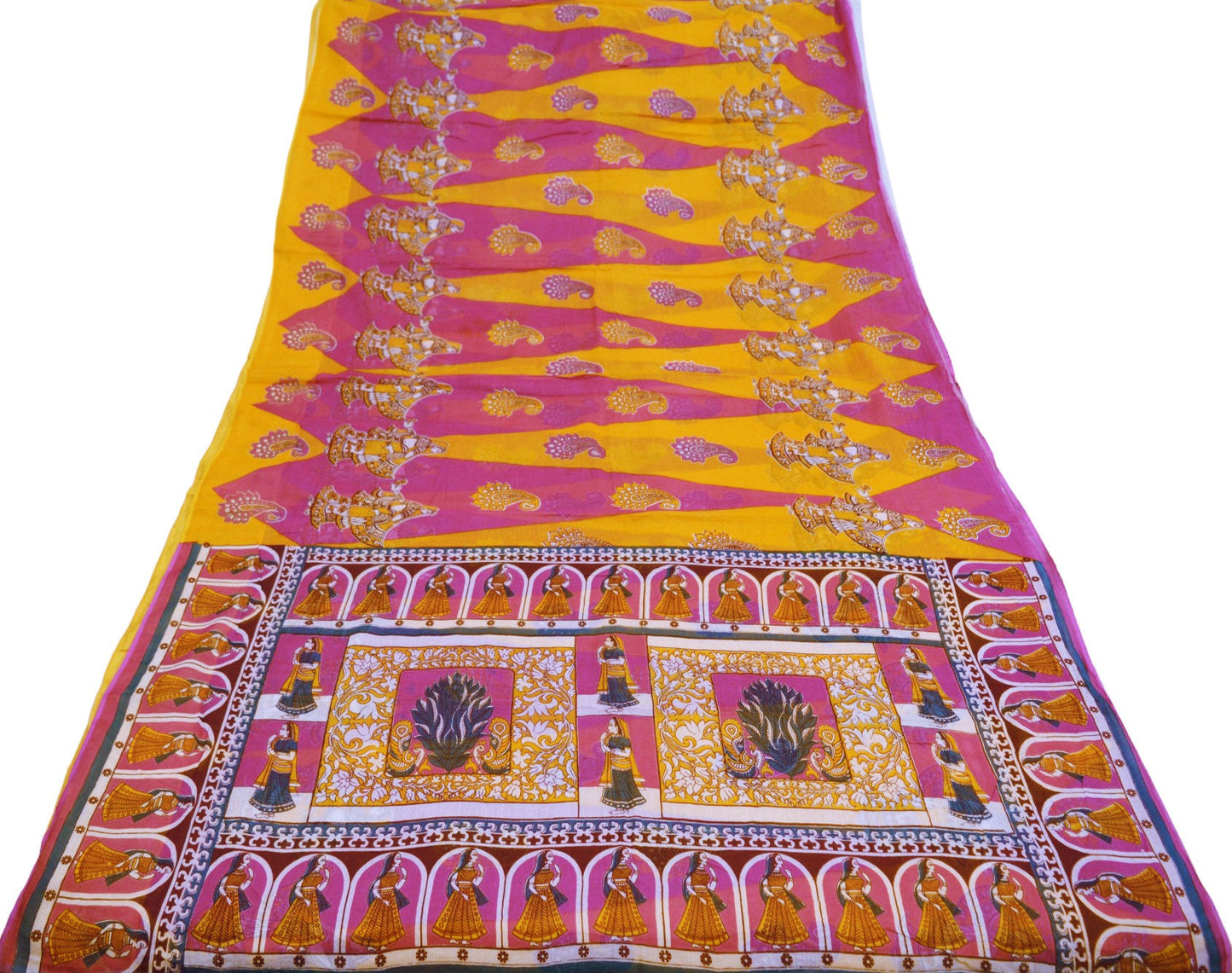 Indian Vintage Sari Saffron & Purple Printed Pure Cotton Saree Craft Soft Fabric 5Yard Sewing Sarong Wrap Boho Paisley