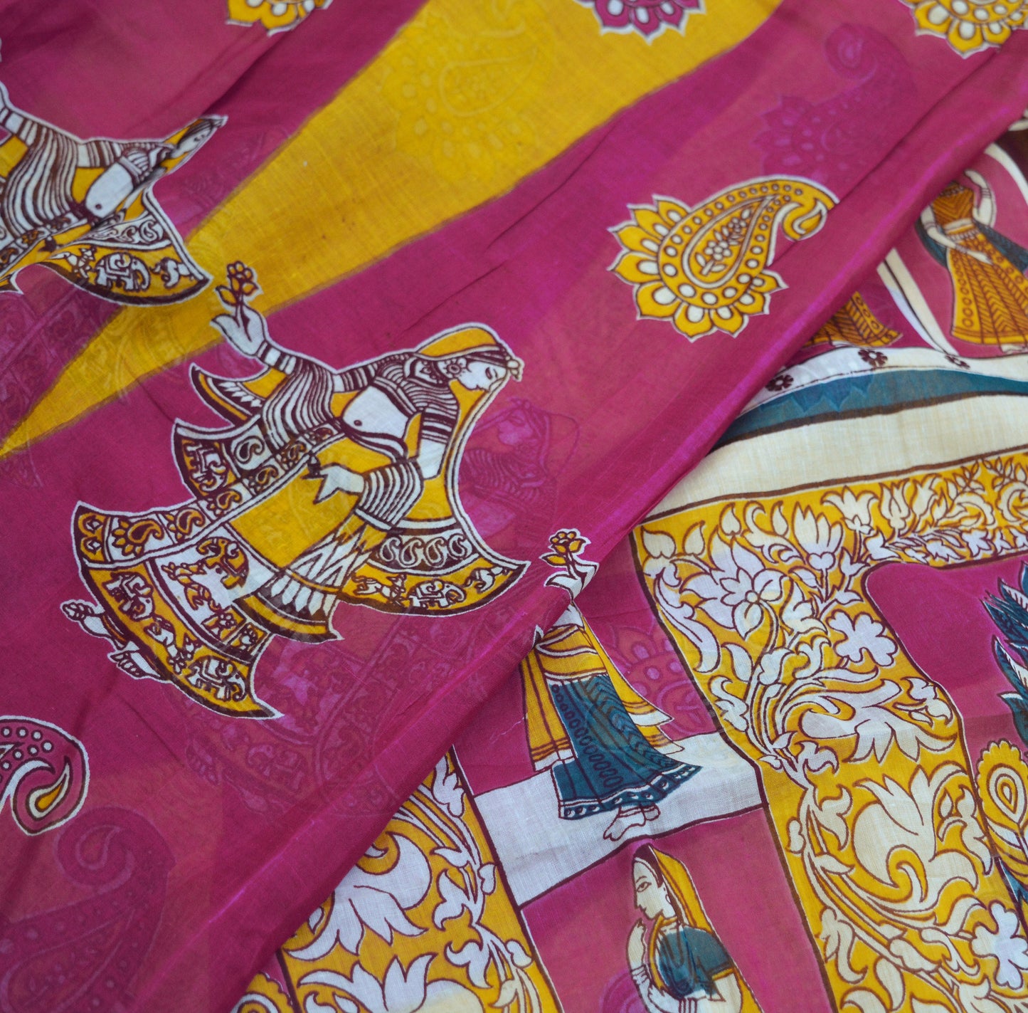 Indian Vintage Sari Saffron & Purple Printed Pure Cotton Saree Craft Soft Fabric 5Yard Sewing Sarong Wrap Boho Paisley