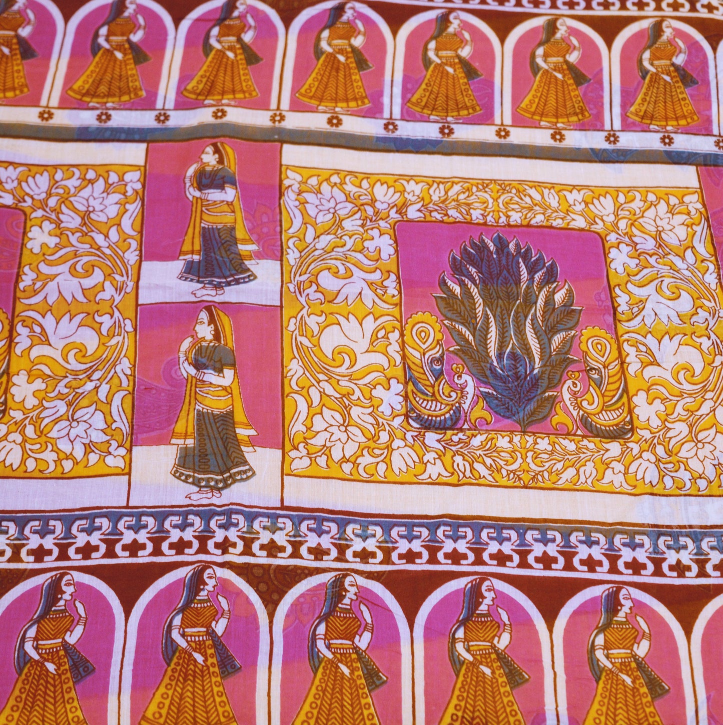 Indian Vintage Sari Saffron & Purple Printed Pure Cotton Saree Craft Soft Fabric 5Yard Sewing Sarong Wrap Boho Paisley