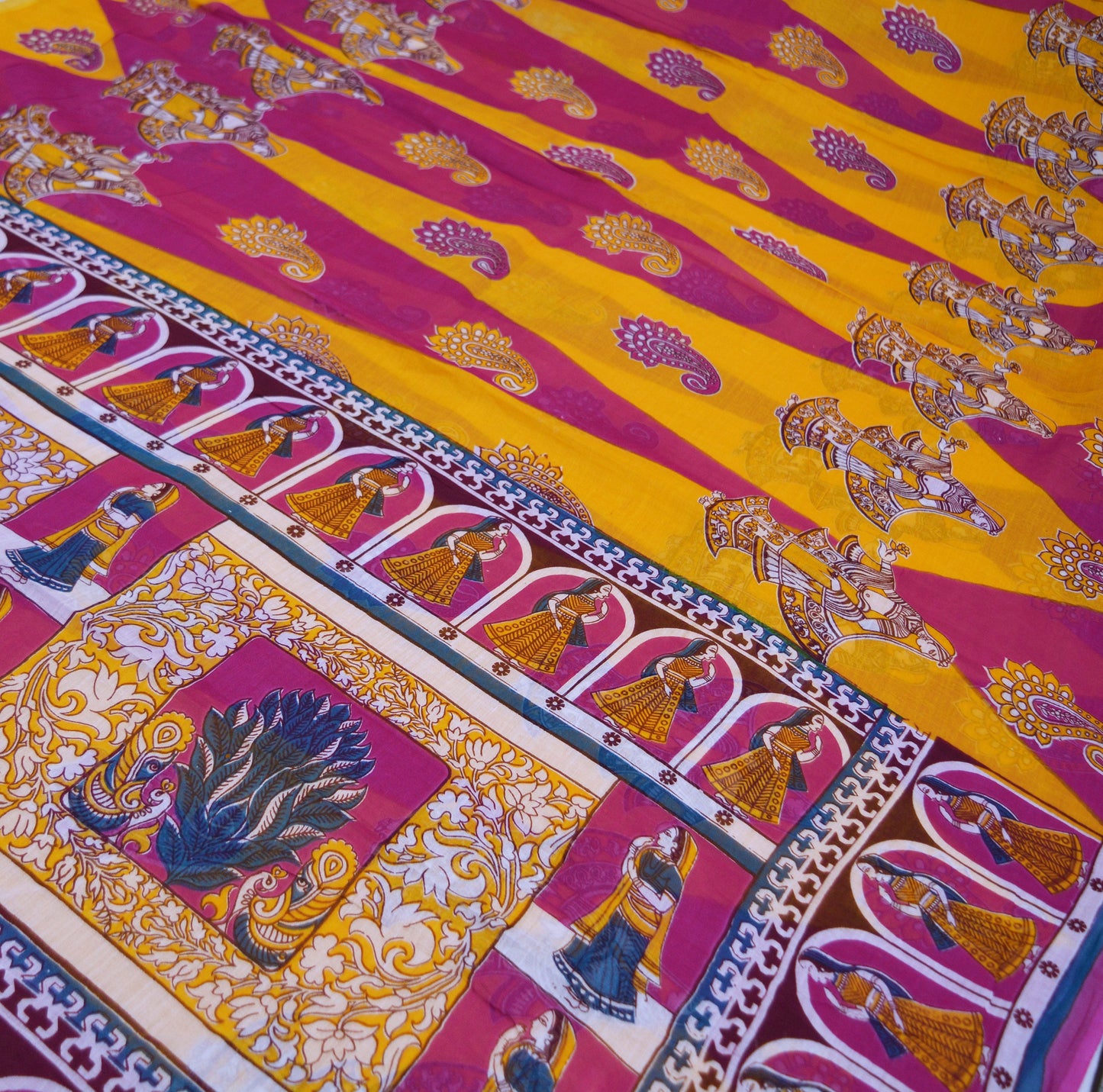 Indian Vintage Sari Saffron & Purple Printed Pure Cotton Saree Craft Soft Fabric 5Yard Sewing Sarong Wrap Boho Paisley