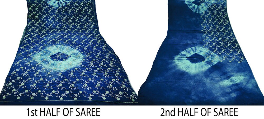 Indian Vintage Sari Blue & Green Pure Crepe Silk Hand Embroidered Saree 6yard Sewing Soft Craft Ethnic Wrap