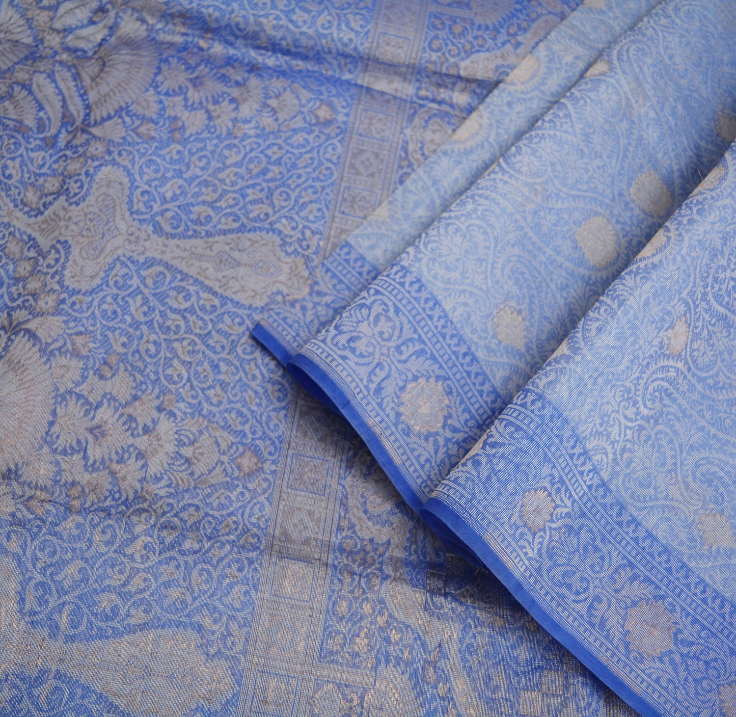 Indian Vintage Blue Sarees Pure Organza Silk Woven Indian Sari Fabric 5Yard Sewing Ethnic Golden Zari Floral
