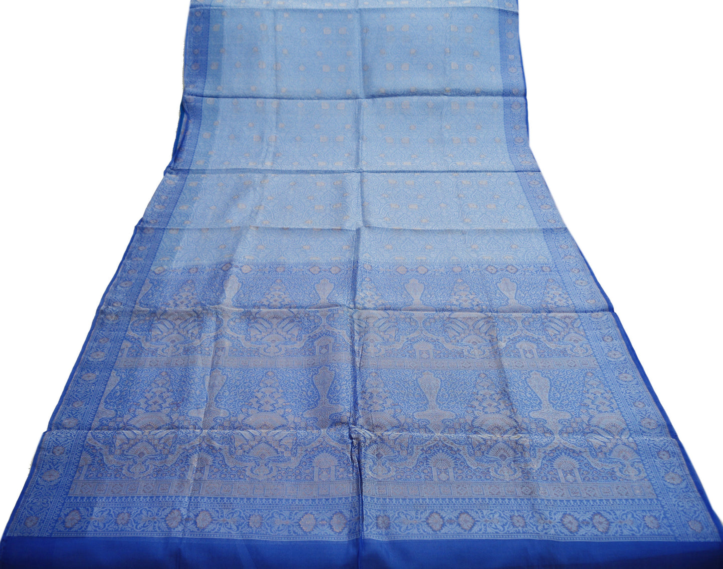 Indian Vintage Blue Sarees Pure Organza Silk Woven Indian Sari Fabric 5Yard Sewing Ethnic Golden Zari Floral