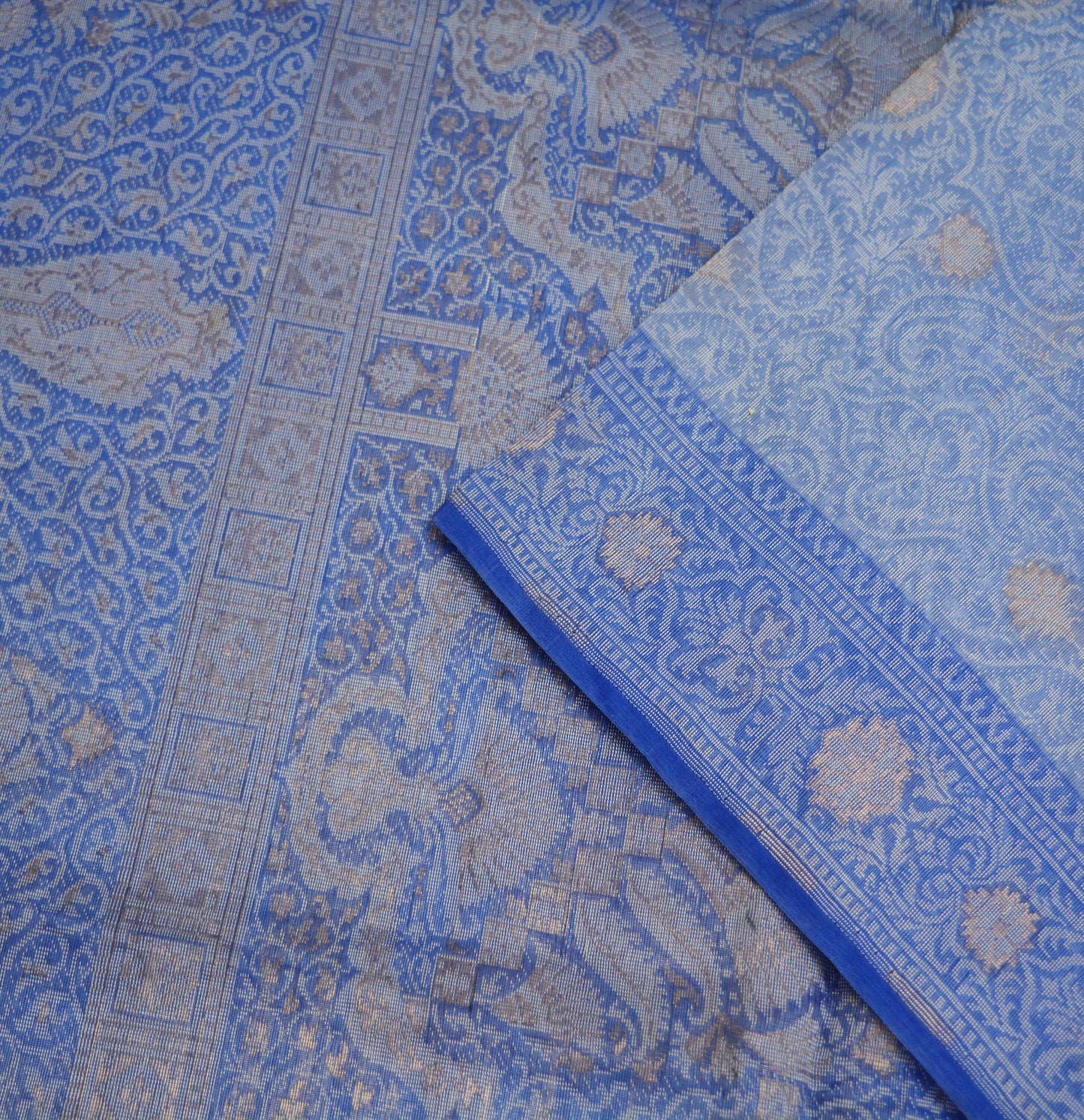 Indian Vintage Blue Sarees Pure Organza Silk Woven Indian Sari Fabric 5Yard Sewing Ethnic Golden Zari Floral