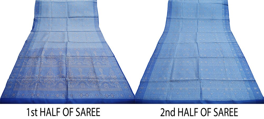 Indian Vintage Blue Sarees Pure Organza Silk Woven Indian Sari Fabric 5Yard Sewing Ethnic Golden Zari Floral