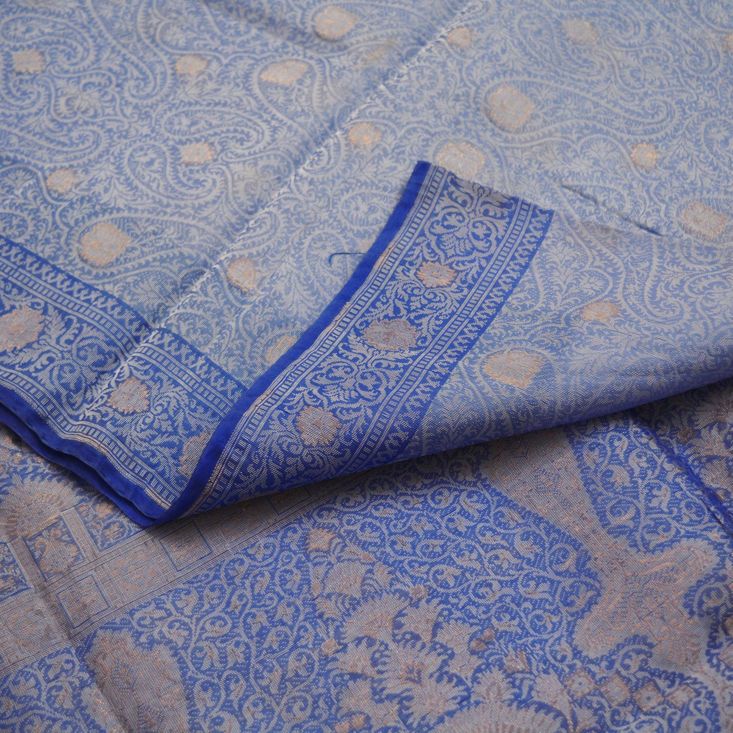 Indian Vintage Blue Sarees Pure Organza Silk Woven Indian Sari Fabric 5Yard Sewing Ethnic Golden Zari Floral