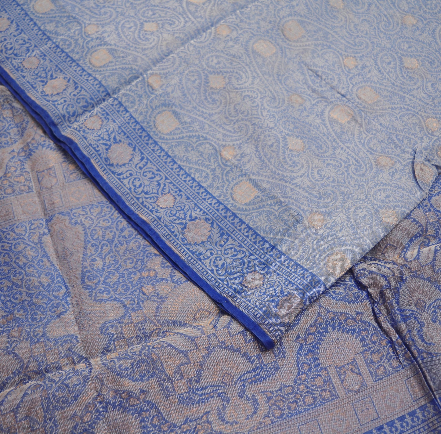 Indian Vintage Blue Sarees Pure Organza Silk Woven Indian Sari Fabric 5Yard Sewing Ethnic Golden Zari Floral