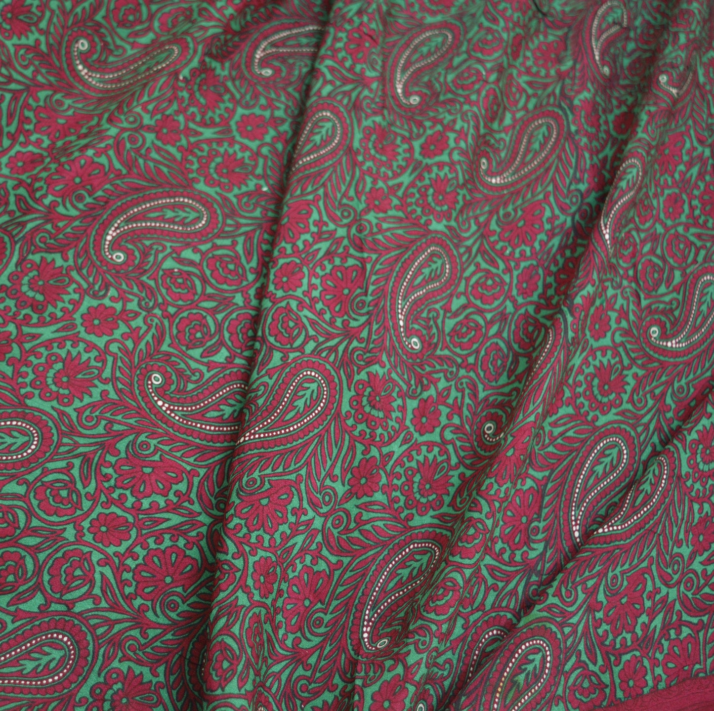 Indian Vintage Sari Red & Green Pure Silk Printed Saree Fabric 5yard Sewing Craft Fabric DressMaking Soft Wrap