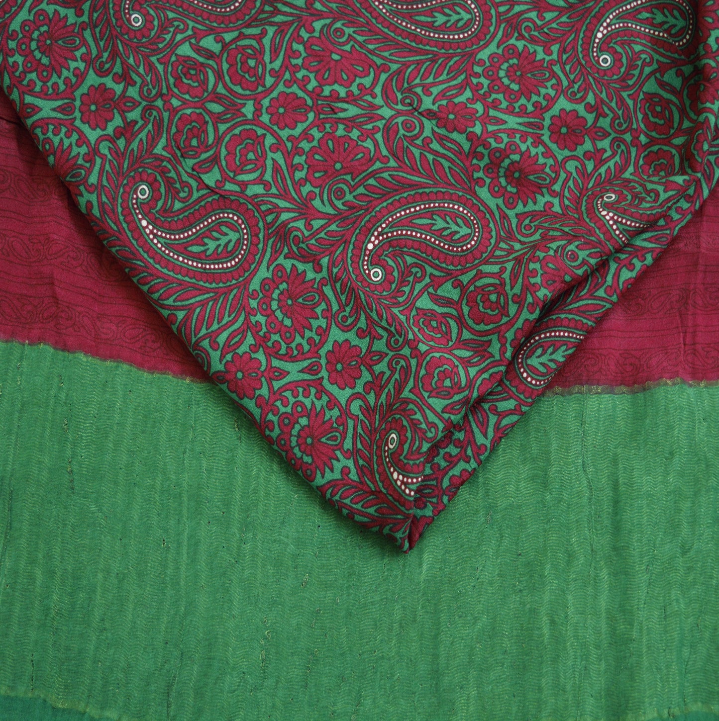 Indian Vintage Sari Red & Green Pure Silk Printed Saree Fabric 5yard Sewing Craft Fabric DressMaking Soft Wrap