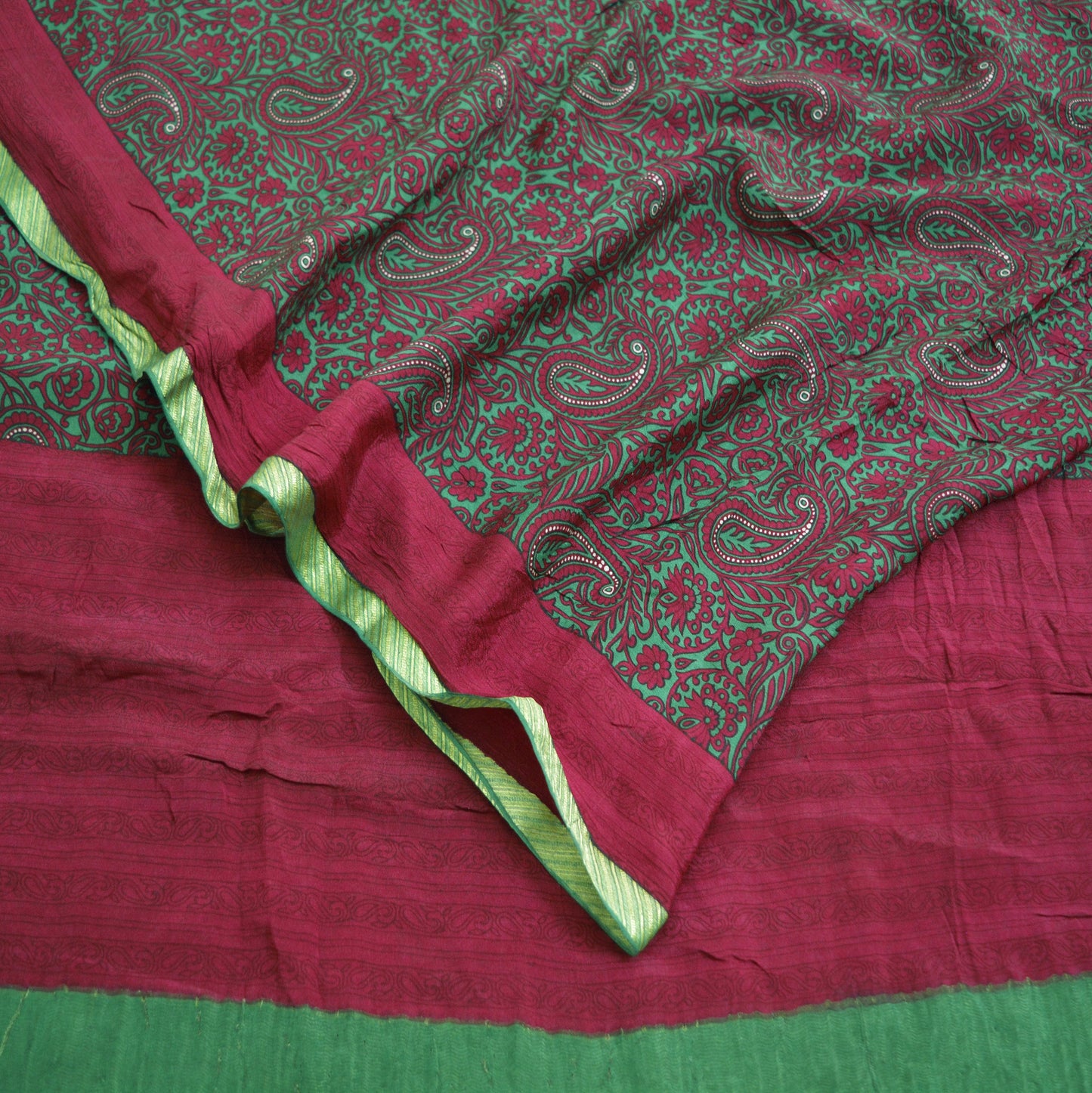 Indian Vintage Sari Red & Green Pure Silk Printed Saree Fabric 5yard Sewing Craft Fabric DressMaking Soft Wrap