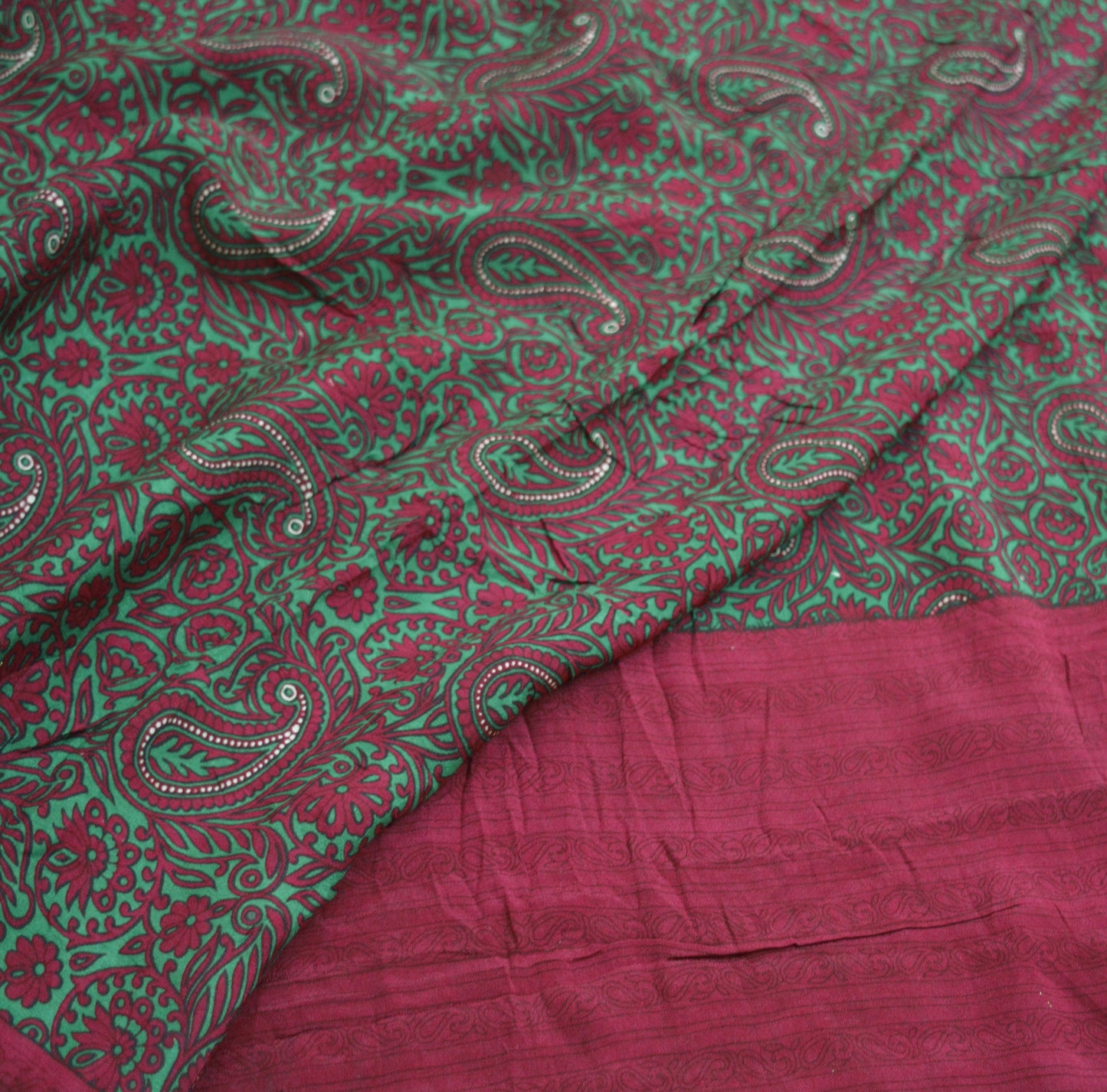 Indian Vintage Sari Red & Green Pure Silk Printed Saree Fabric 5yard Sewing Craft Fabric DressMaking Soft Wrap
