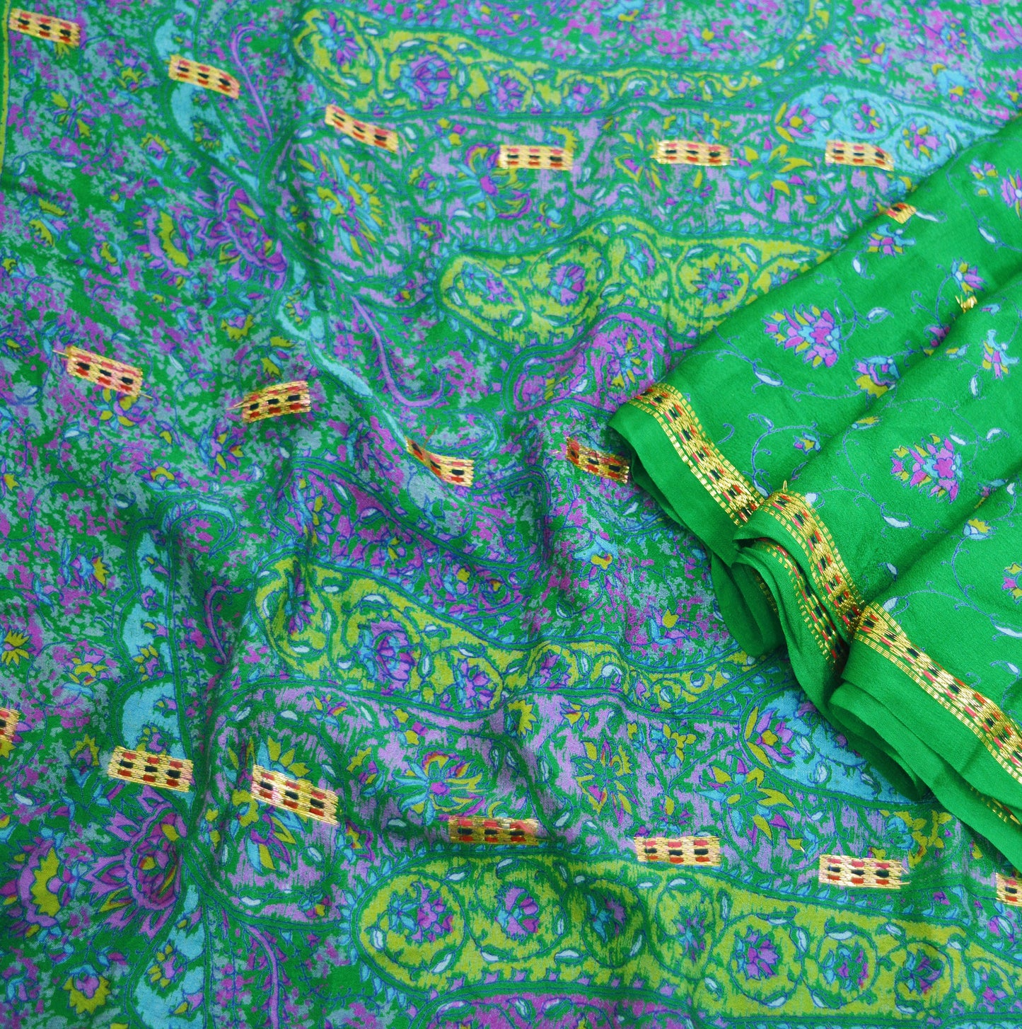 Indian Vintage Sari Green Pure Silk Printed Saree 5yard Sewing Craft Fabric DressMaking Soft Golden Zari