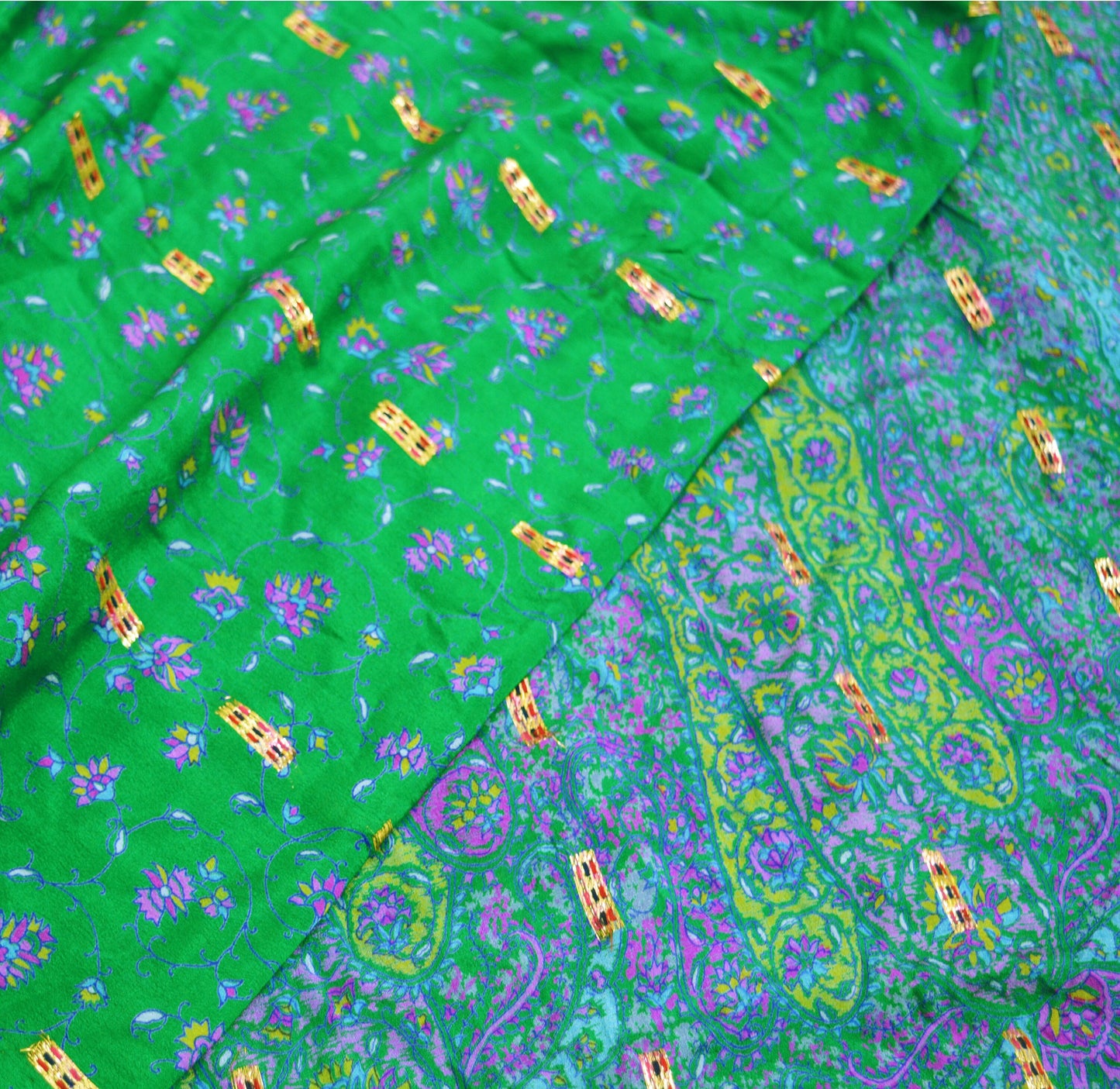 Indian Vintage Sari Green Pure Silk Printed Saree 5yard Sewing Craft Fabric DressMaking Soft Golden Zari