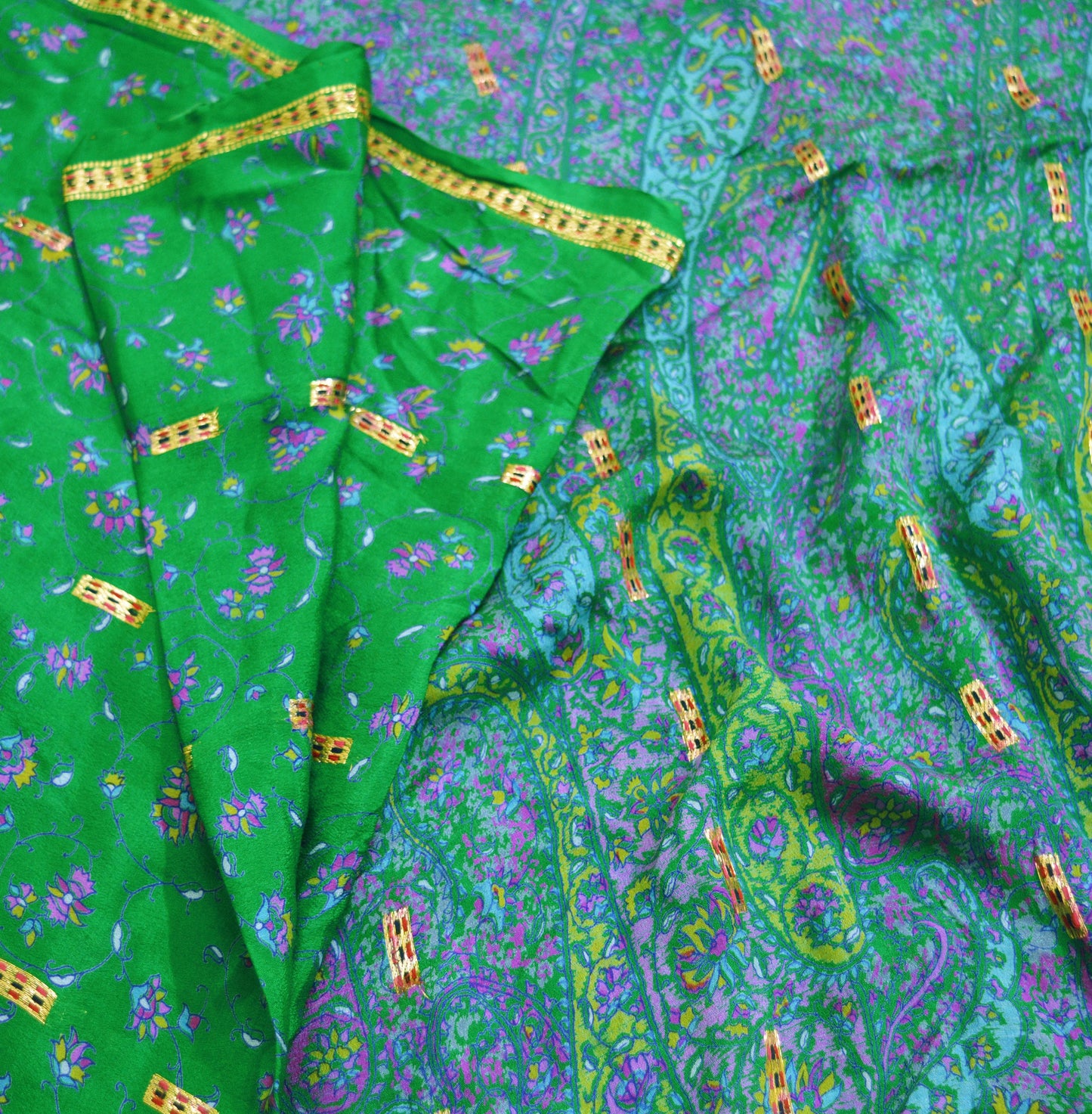 Indian Vintage Sari Green Pure Silk Printed Saree 5yard Sewing Craft Fabric DressMaking Soft Golden Zari
