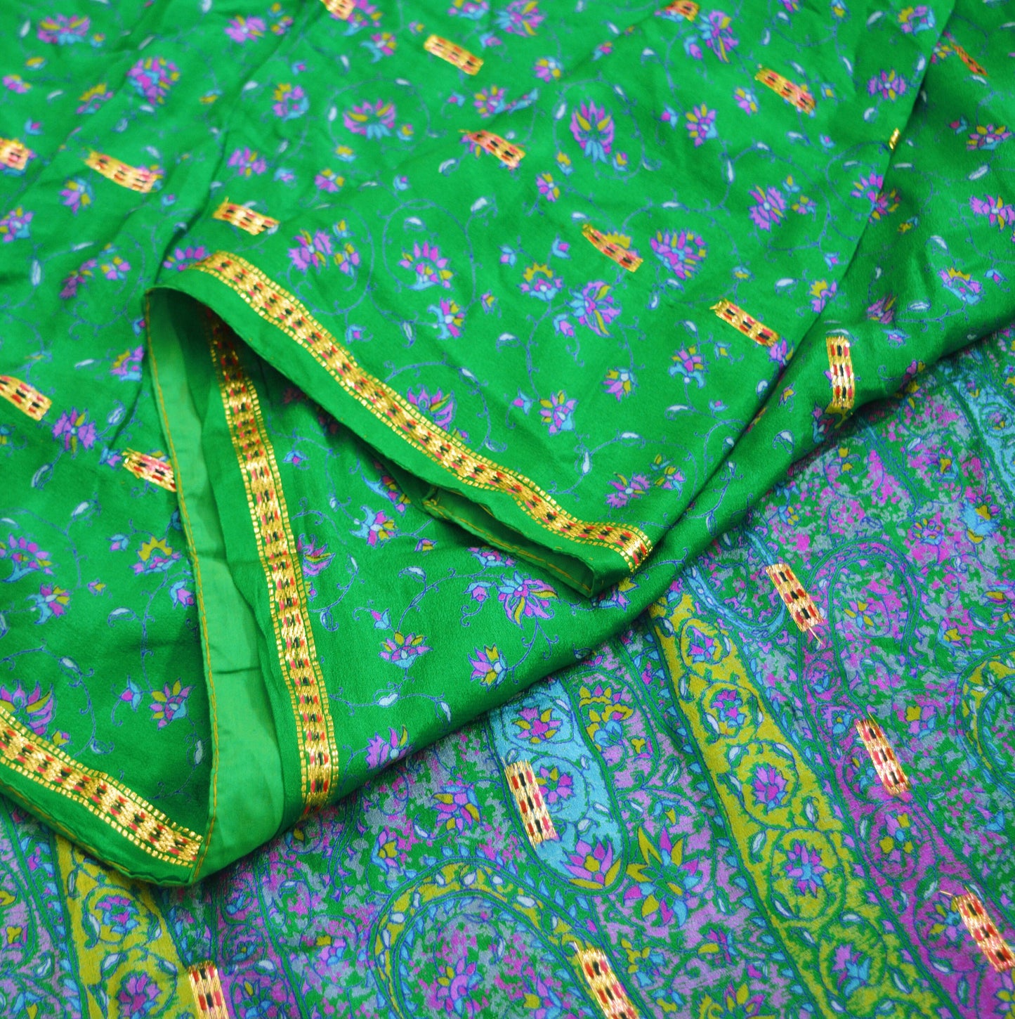 Indian Vintage Sari Green Pure Silk Printed Saree 5yard Sewing Craft Fabric DressMaking Soft Golden Zari