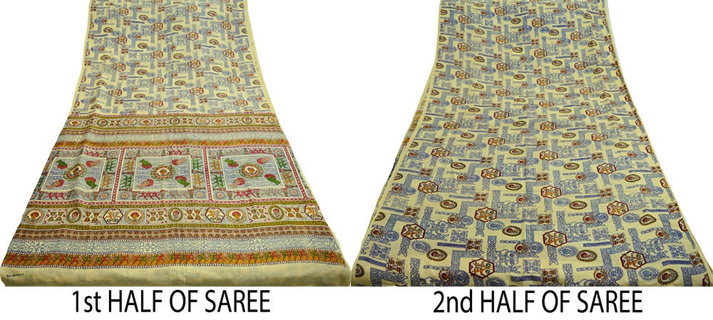 Indian Vintage Sari Ivory 100% Pure Silk Printed Saree Fabric 6yard Sewing Craft DressMaking Soft Humans