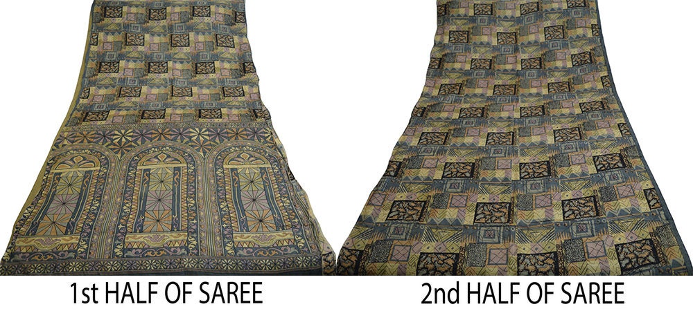 Indian Vintage Saree Gray 100% Pure Silk Printed Saree Sari Fabric 6yard Sewing Craft DressMaking Soft Abstract