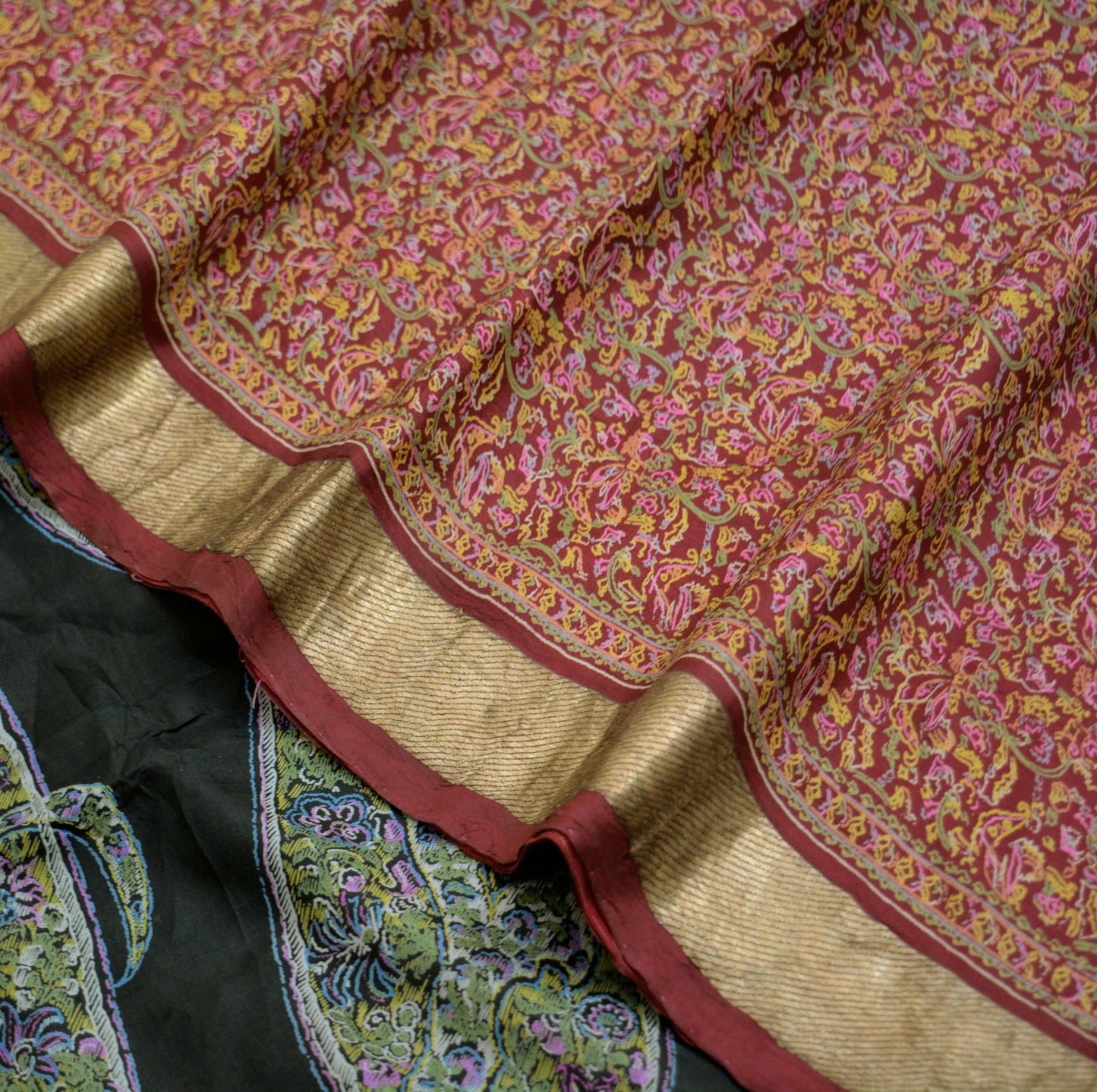 Indian Vintage Sari Black & Maroon 100% Pure Silk Printed Saree Fabric 5yd Sewing Craft DressMaking Soft Paisley