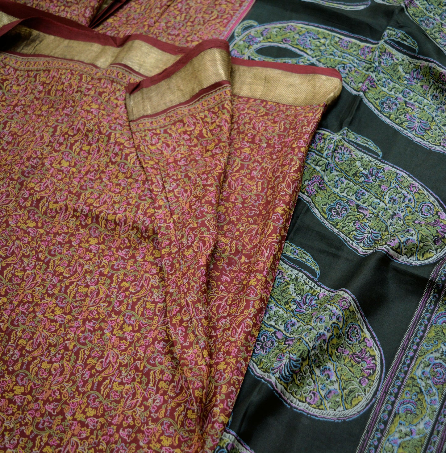 Indian Vintage Sari Black & Maroon 100% Pure Silk Printed Saree Fabric 5yd Sewing Craft DressMaking Soft Paisley