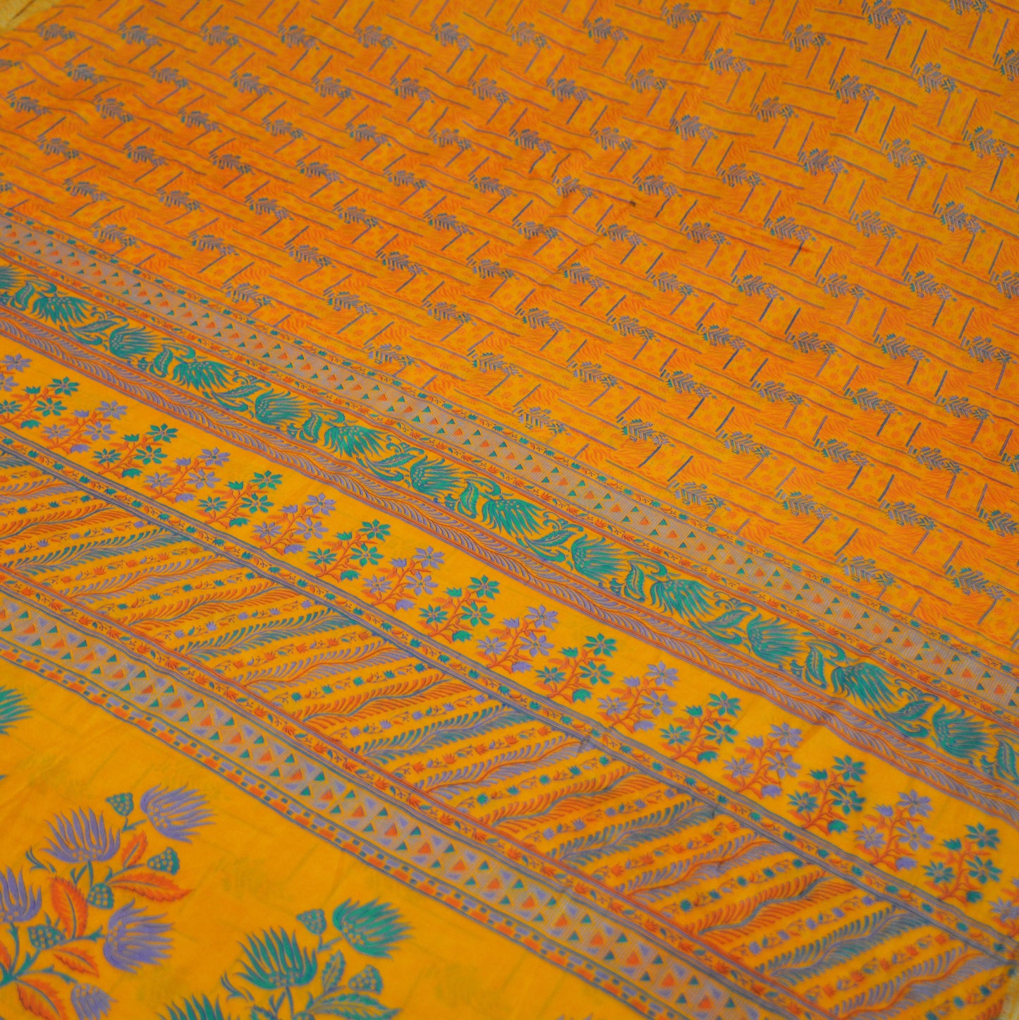 Indian Vintage Sari Saffron 100% Pure Silk Printed Saree Fabric 5yd Sewing Craft DressMaking Soft Floral